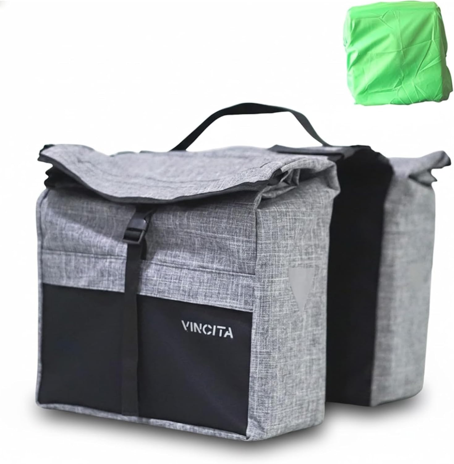 Vincita New Top Load Double Pannier Water Resistant Cycling Side Bags - with Rain Cover, Large, Carrying Handle, Reflective Spots - Bike Rack Carrier Saddle Bag - Bicycle Accessories (Black/Turquoise)