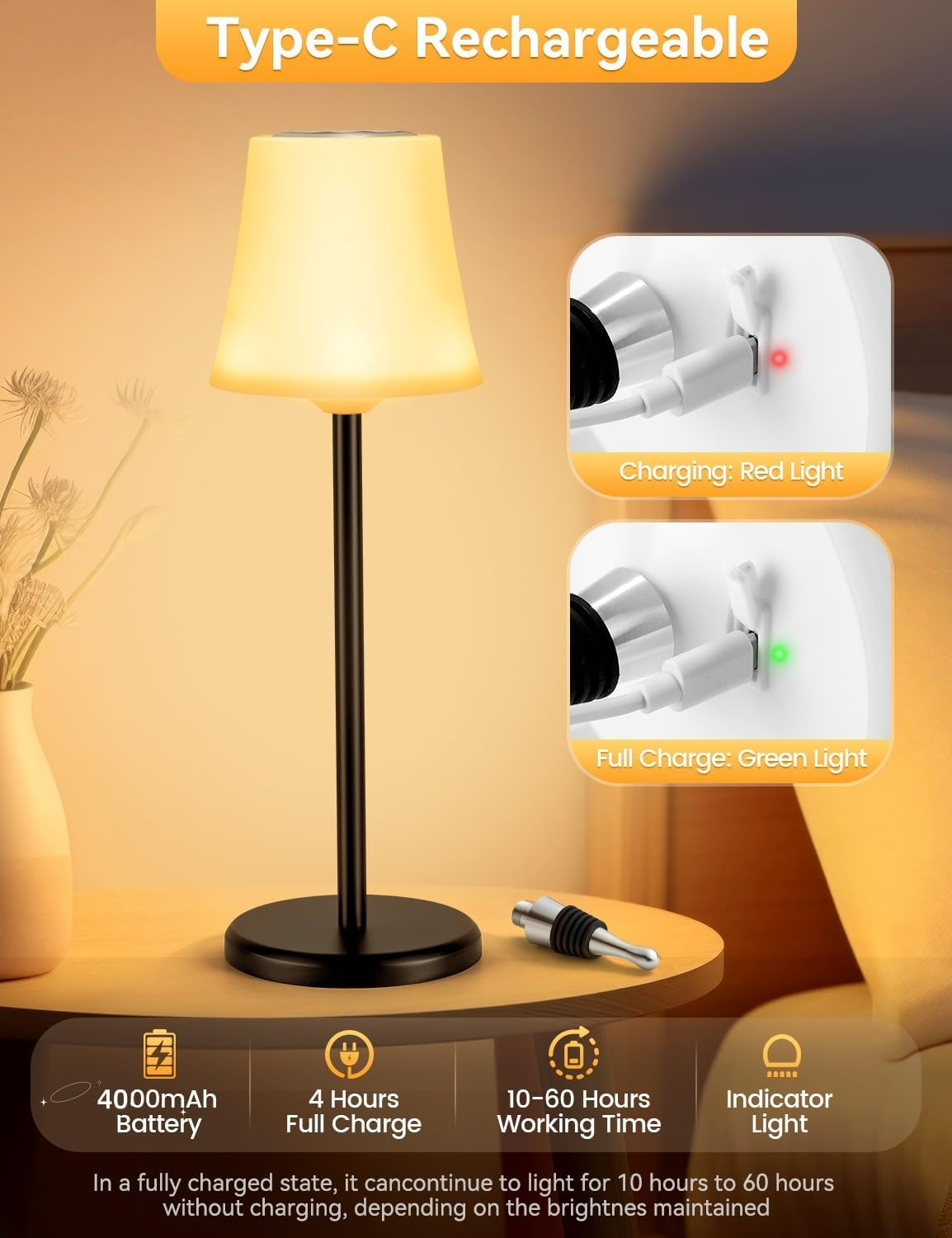 Rechargeable Cordless Table Lamp, Wireless LED Wine Bottle Light, 4000Mah Battery Operated Touch Lamps, IP54 Waterproof Portable Desk Lamps with 3 Color Stepless Dimmable for Indoor/Outdoor/Bars(2Pc) image number 1