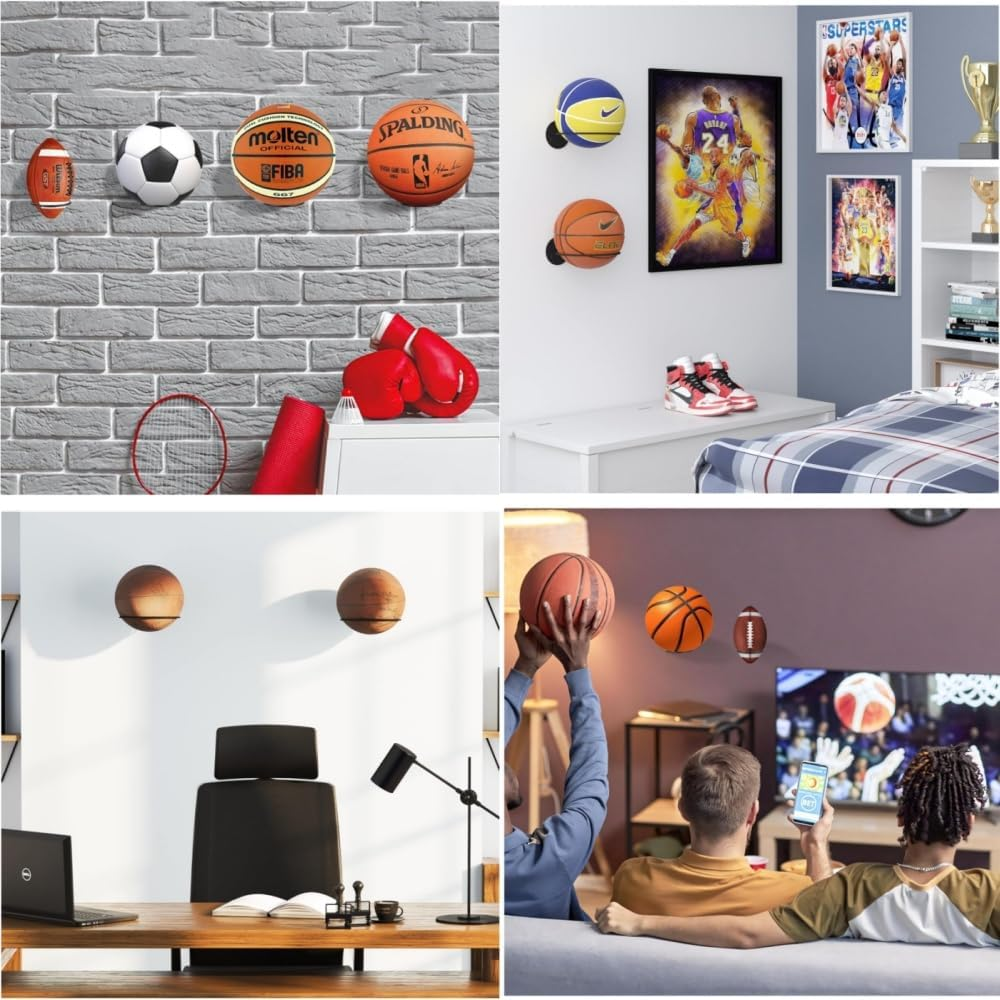 4 Pack Metal Ball Holder Wall Mount - Universal Basketball Football Rugby Display Rack, Sports Room & Boy'S Room Organizer for Ball Storage Accessories image number 2