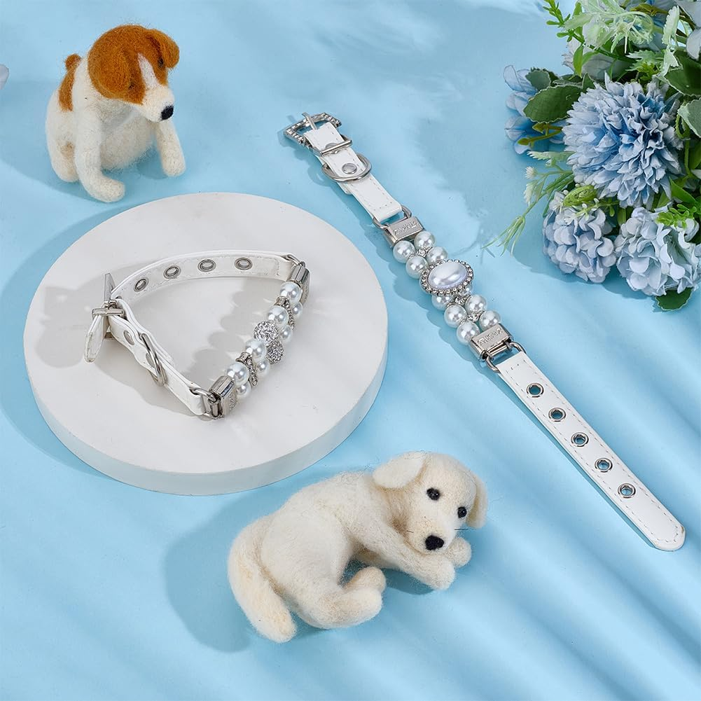 PLIGREAT 2 Styles White Pearl Collars for Dogs Bling Rhinestone Crystal Cat Collar Pet Bead Collar Necklace Adjustable Beads Leather Necklace for Puppies Cats Dogs Pets XS image number 1