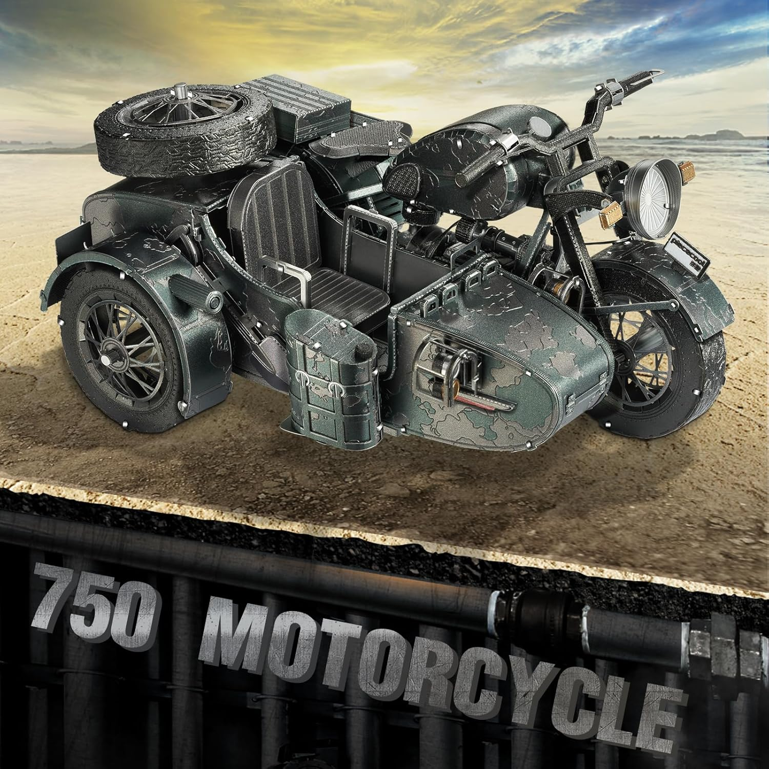 Piececool 3D Puzzles for Adults, Motorcycle with Sidecar Metal Model Building Kits for Family Time, Side Car DIY Assembling Arts and Crafts Best Birthday Gifts, Dark Green image number 1