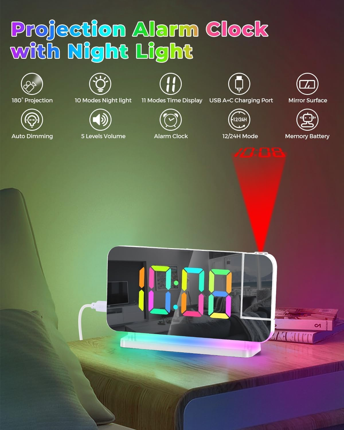 Projection Alarm Clock,7.4" LED Mirror Digital Clocks Large Display,With 180&deg; Rotatable Projector,Rgb Night Light,Usb C Port,Auto Dimmer (White) image number 6