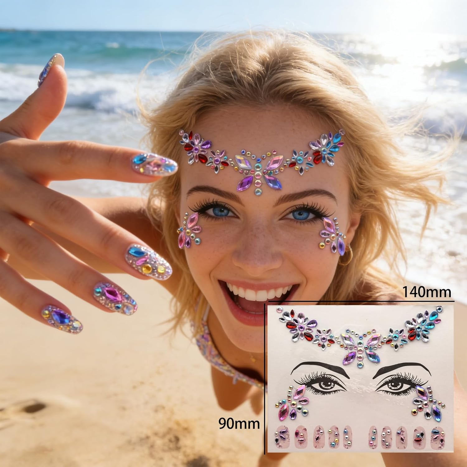 Pack of 6 Face Stick-Ons & Nail Stick-Ons, Rhinestone Glitter for the Eyes, Temporary Tattoos for the Face, Sticks-Ons for Music Festivals, Rave Parties, Halloween, Christmas, Birthdays, Carnival image number 5