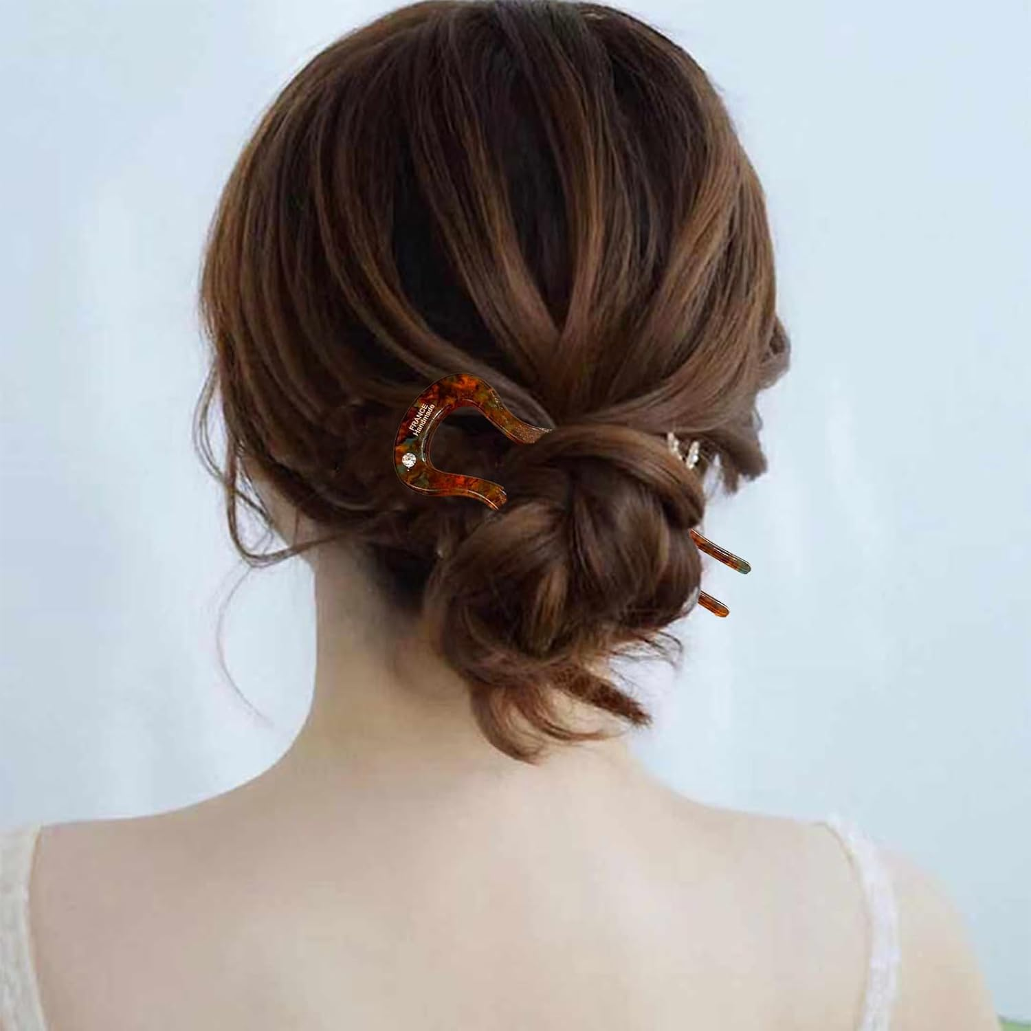 2Pcs French Rhinestone Hair Pins, U Shaped French Pin Rhinestone Style Hair Sticks Clip French Twist Hair Pin for Women Girls Thick Long Hair, Orange & Brown image number 5