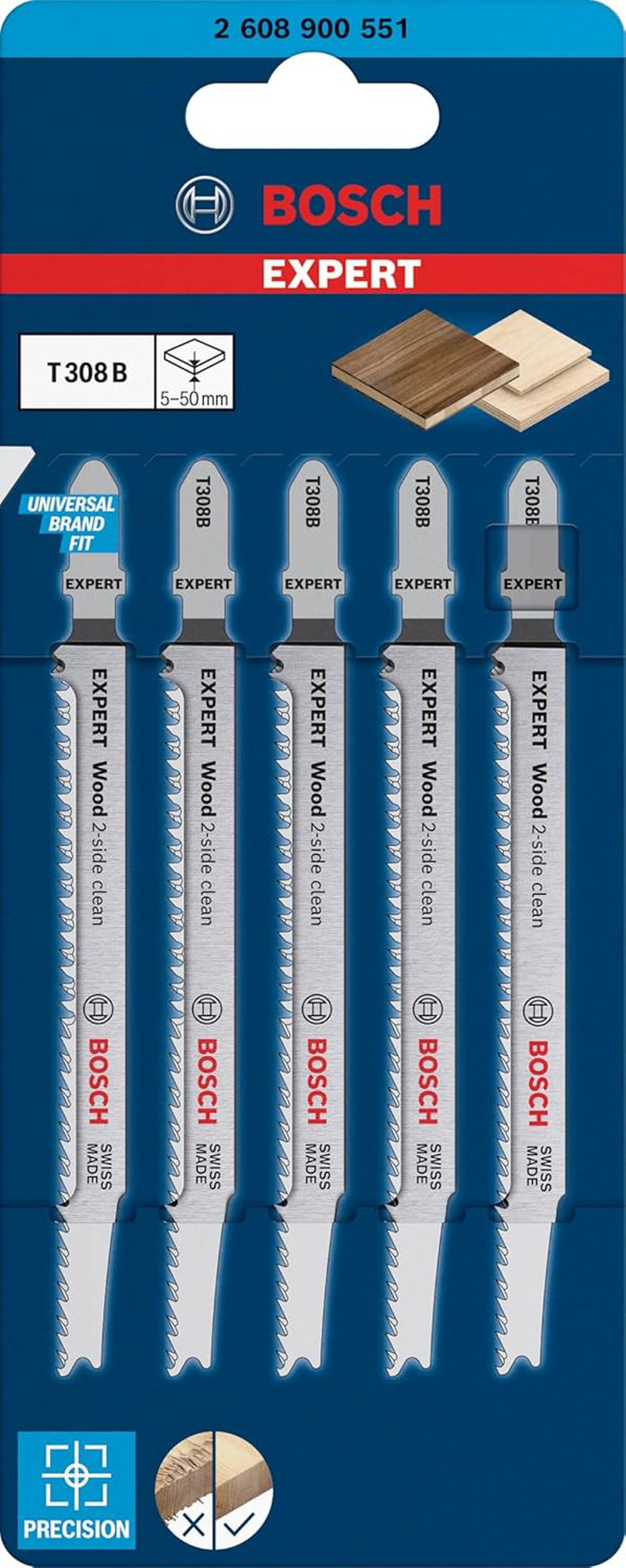 Bosch 5X Expert Wood 2-Side Clean T308B Jigsaw Blade (For Solid Wood Furniture Board, Plywood, Length 117 Mm, Professional Accessory Jigsaw)