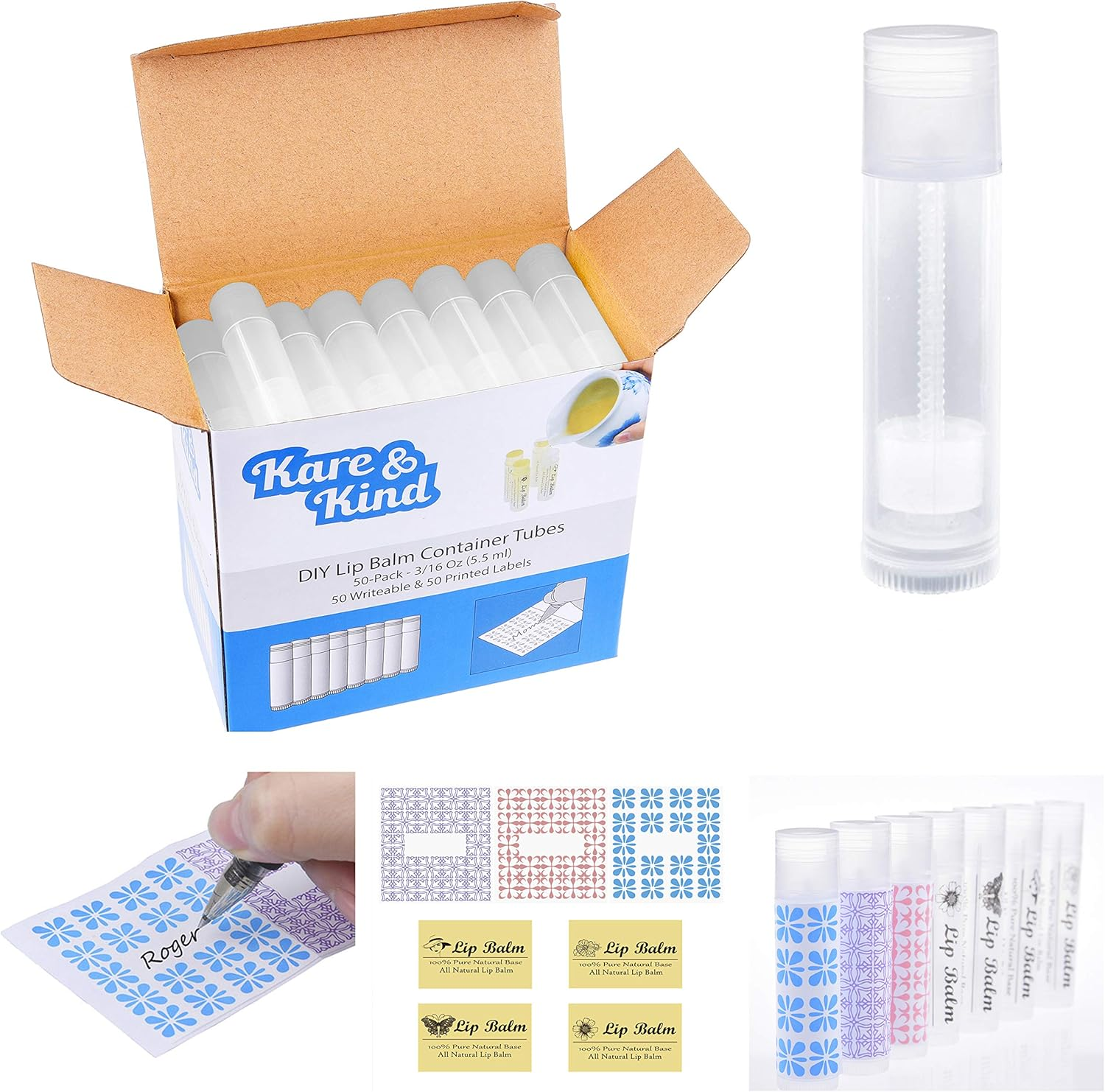 (50 Pack, Lip Balm Container Tubes) - Lip Balm Container Tubes - 50-Pack - DIY - Translucent - 3/16 Oz (5.5 Ml) - Including 50 Writeable & 50 Printed Lip Balm Stickers - Twist Mechanism and a Cap - Empty - Make Natural Lip Balm