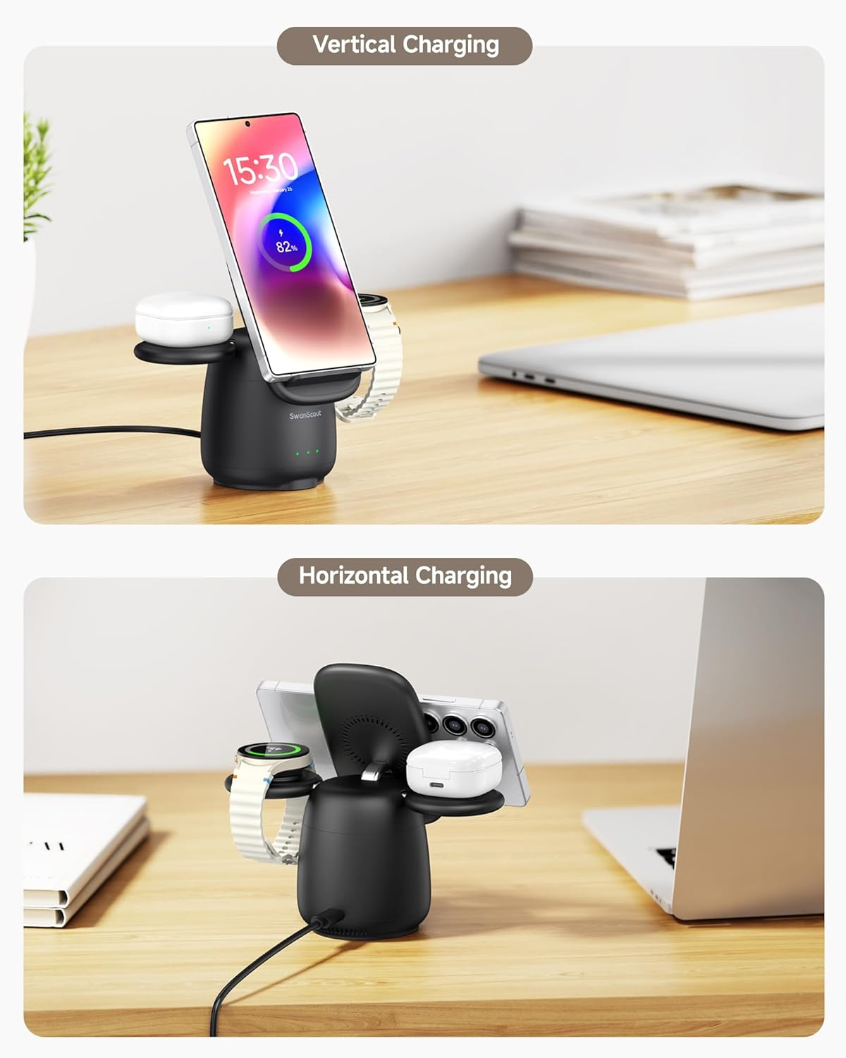 Swanscout Wireless Charger for Samsung S25 Ultra, 3 in 1 Charging Station for Samsung S25/S24/S23/Z Flip 7/Z Fold 7, Charger Stand for Galaxy Watch 8/Ultra/7/6/5, Galaxy Buds 3/Pro, 707S image number 1