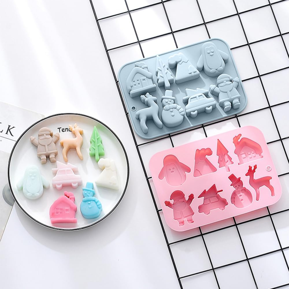 Christmas Silicone Chocolate Mold, 2 PCS Candy Baking Mold, 3D Snowflake Snowman Christmas Tree Elk Santa Claus Gift Box Shape Mold DIY Handmade Soap Candle Jelly Fudge image number 3