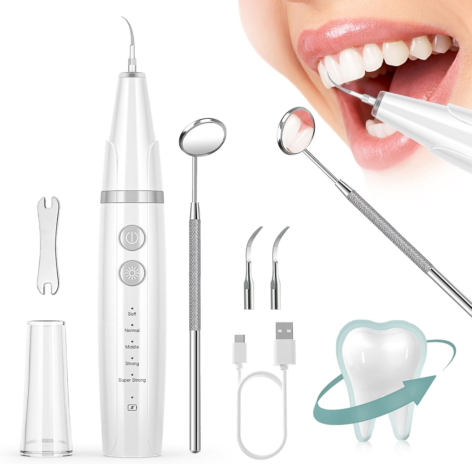 Ultrasonic Tooth Cleaner Plaque Remover for Teeth Cleaning IP67 Waterproof Tartar Remover with 3 Replaceable Heads and 5 Adjustable Modes Rechargeable, Portable Design for Home Travel image number 1