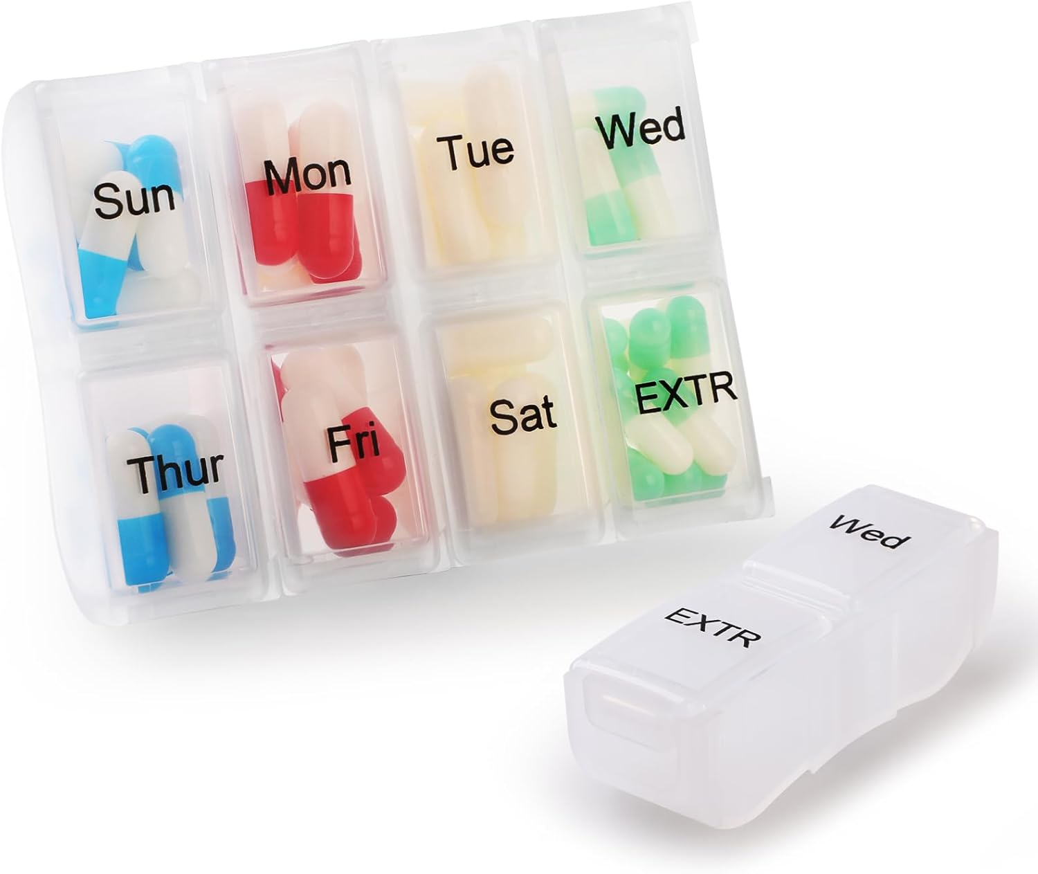 7 Day Pill Organizer, Weekly Pill Organize Case, 8 Compartments for Extra, Case for Travel/Pills/Supplements Trasparent image number 2