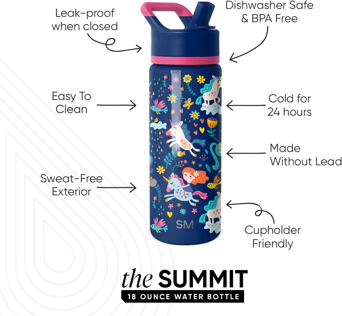 Simple Modern Kids Water Bottle with Straw Lid | Insulated Stainless Steel Reusable Tumbler for Toddlers, Girls | Summit Collection | 18Oz, Unicorn Rainbows