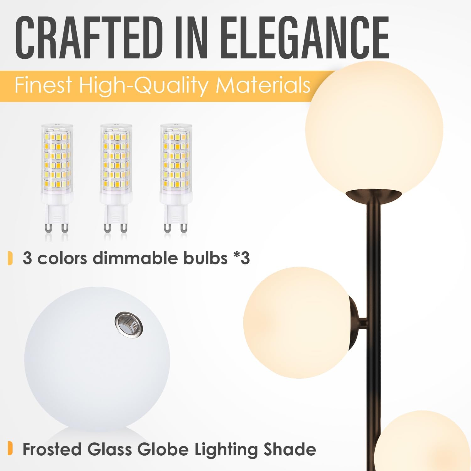 Soilsiu Mid Century Modern Floor Lamp for Living Room, 3 Globe Black Floor Lamp with Frosted Glass Shade, Vintage Standing Tall Floor Lamp for Bedroom, Office - LED Bulbs Included image number 5