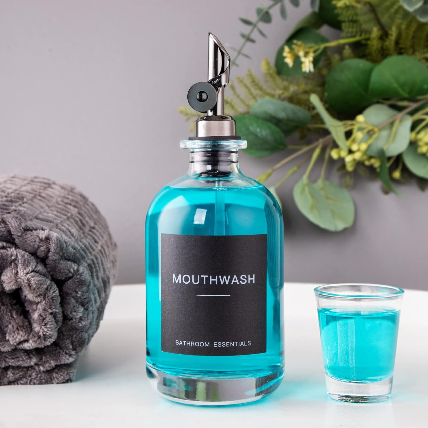 Homefeel Black Glass Mouthwash Dispenser with Cups, 12.7 Oz, 2 Pack - Clear Mouthwash Bottle with 304 Stainless Steel Spout & Minimalist Labels, Style Mouthwash Container for Bathroom image number 6