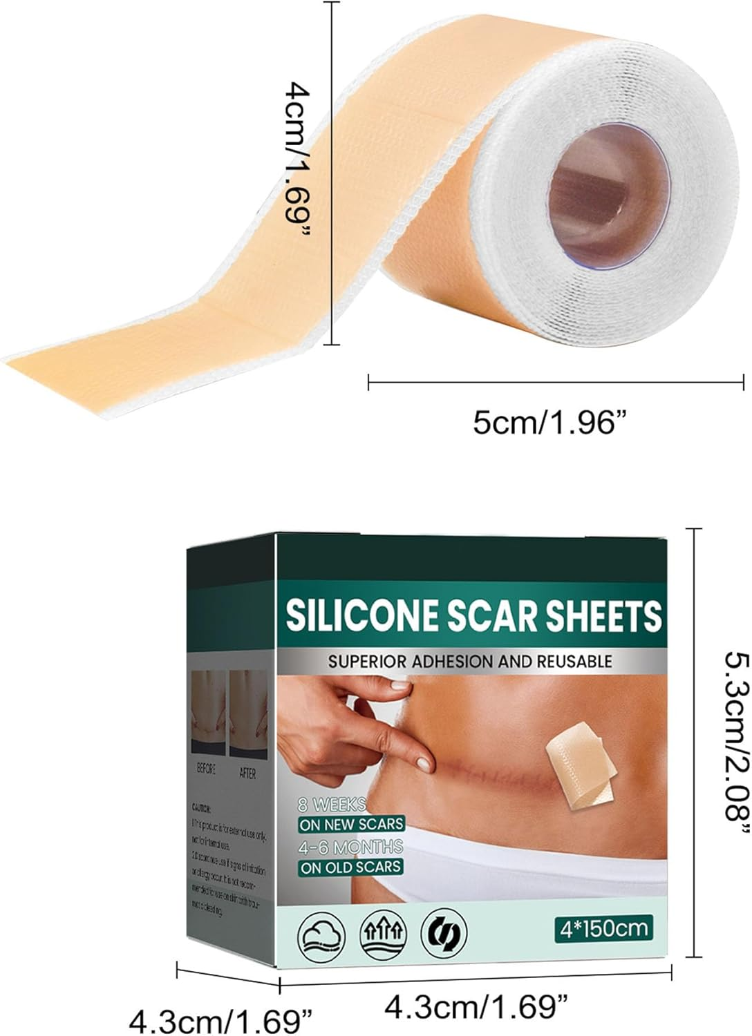 Silicone Scar Tape, Soft Silicone Scar Tape Painless Silicone Tape Roll for Surgical Keloid and Acne Scars (4 * 150Cm) image number 1