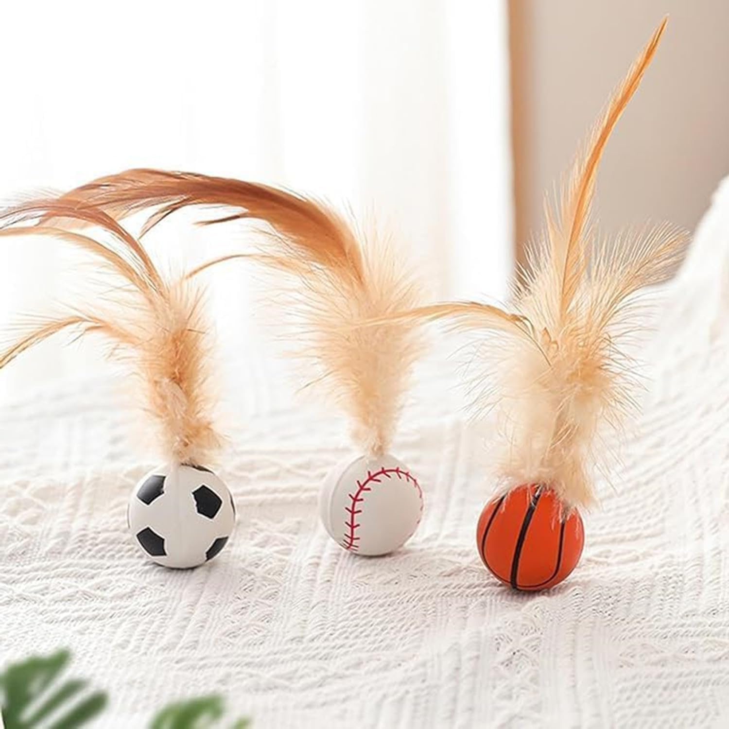 6Pcs Interactive Feather Ball Toy Set for Cats, Bouncy Cat Toys with Feather Tails for Training, Chasing, Hunting, and Exercise image number 3