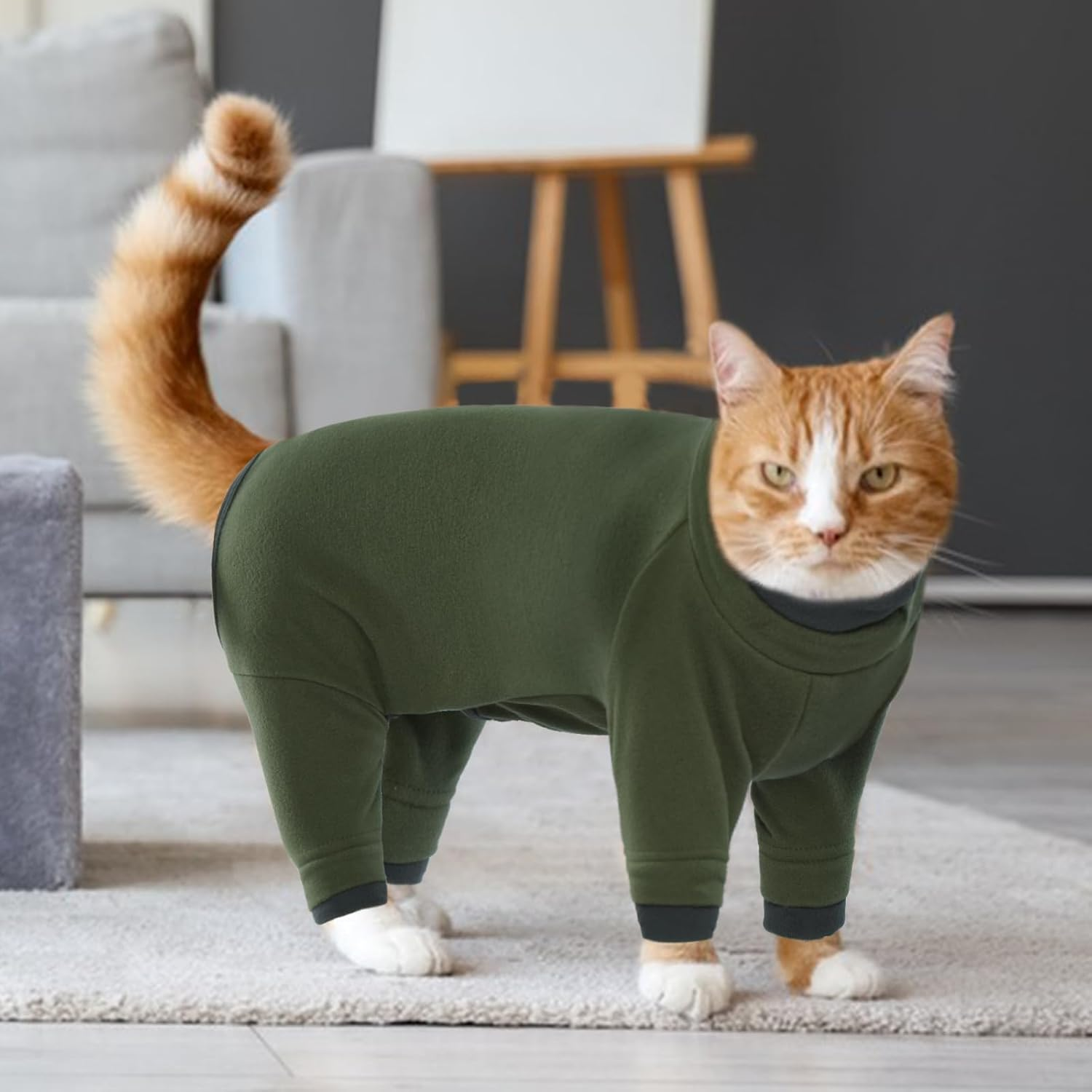 Kitten Clothes, Soft Pajama Winter Jacket Kitten Onesie Overall Four-Legged Warm Clothes Cat Recovery Suit Female after Surgery Hair Sticky Onesie(Army Green, XS) image number 3