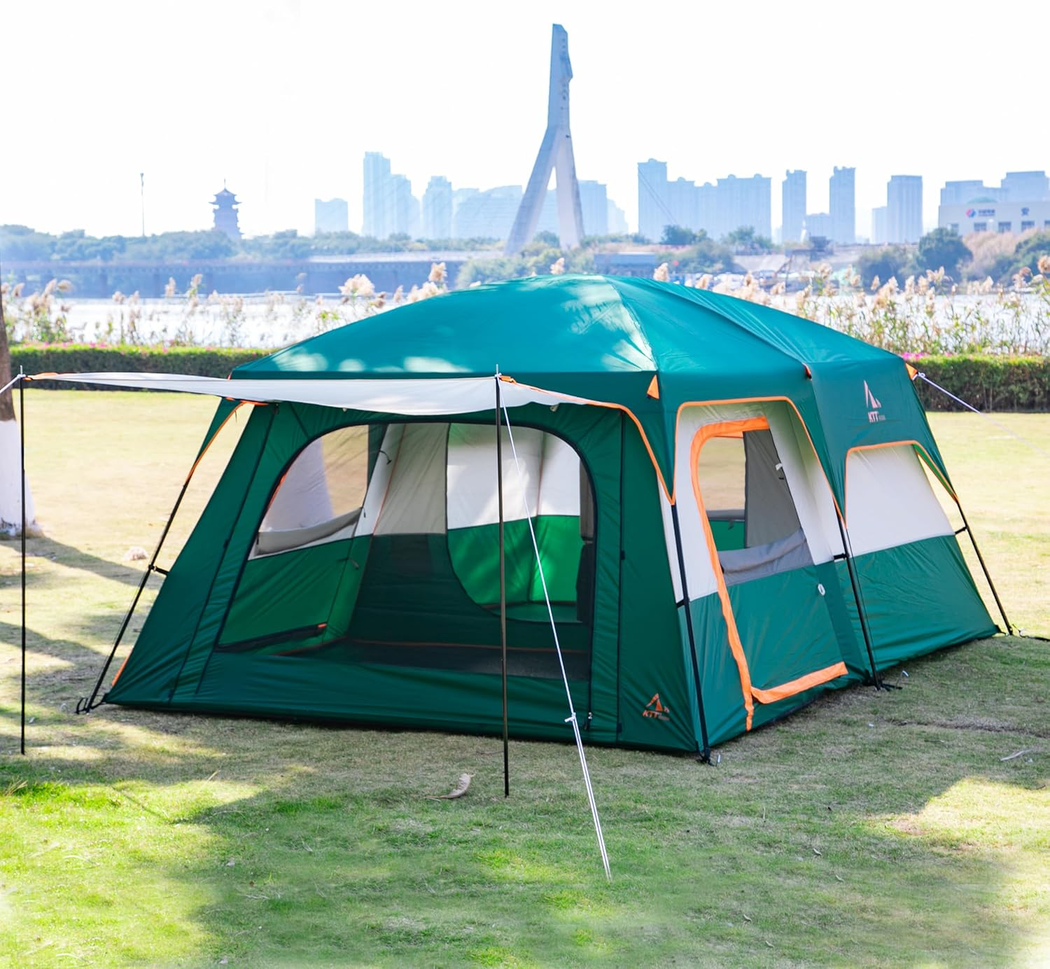 KTT Extra Large Tent 12 Person(Style-A),Family Cabin Tents,2 Rooms,Straight Wall,3 Doors and 3 Window with Mesh,Waterproof,Double Layer,Big Tent for Outdoor,Picnic,Camping,Family Gathering. image number 2