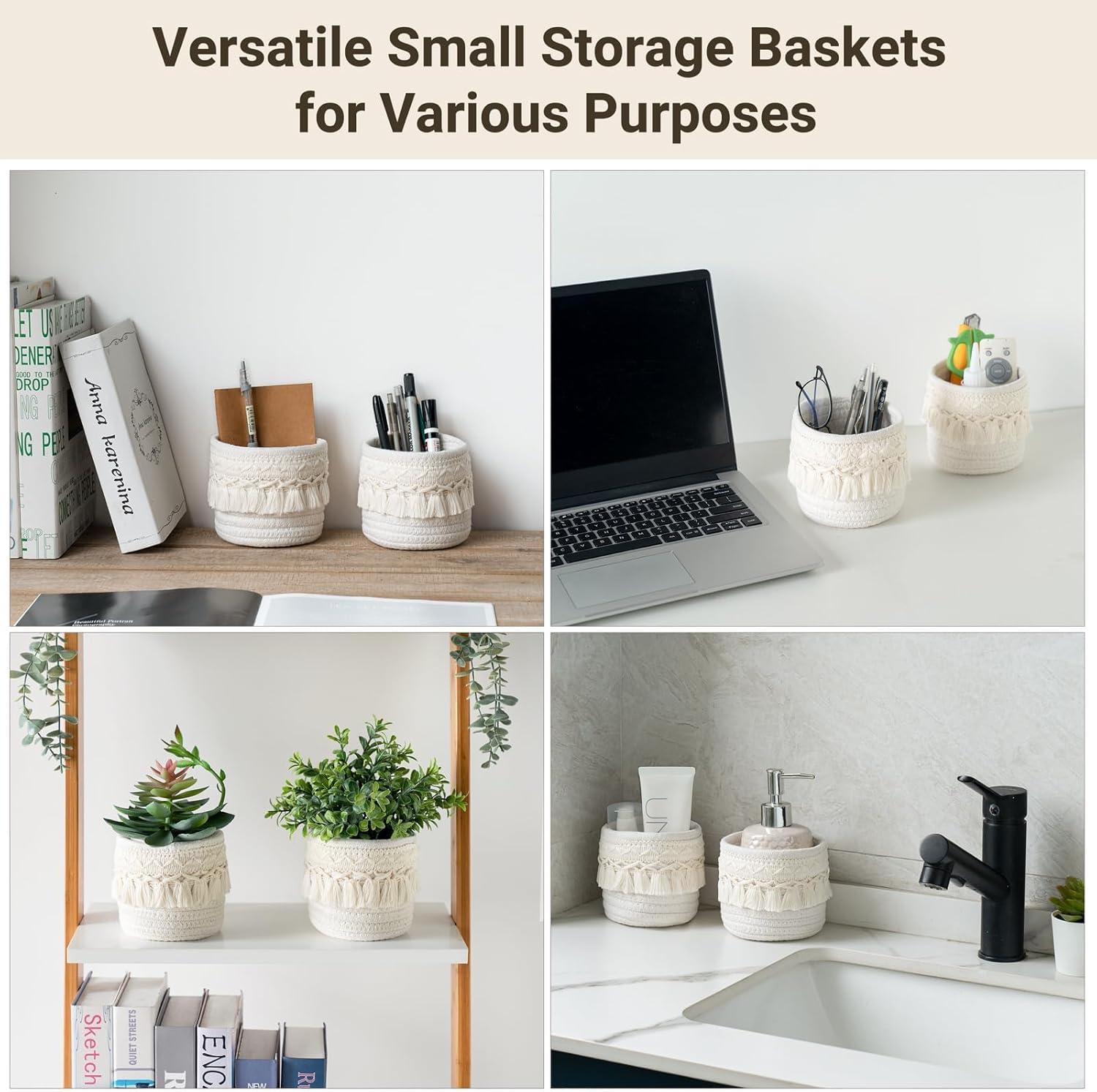 PAOFUFUI 2 Pcs Macrame Makeup Brush Holder Organizer Comb Brushes Mini Storage Basket, Boho Decor Baskets for Pen Pencil Box Container (2 Beige) image number 5