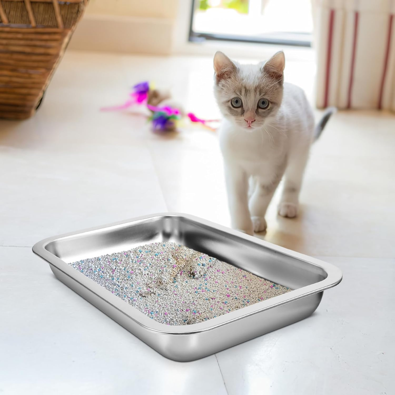 Stainless Steel Cat Litter Box, Open Shallow Kitten Litter Tray for Senior Cats and Kittens, Low Entry Metal Litter Pan for Hamsters Rabbits Guinea Pigs image number 4