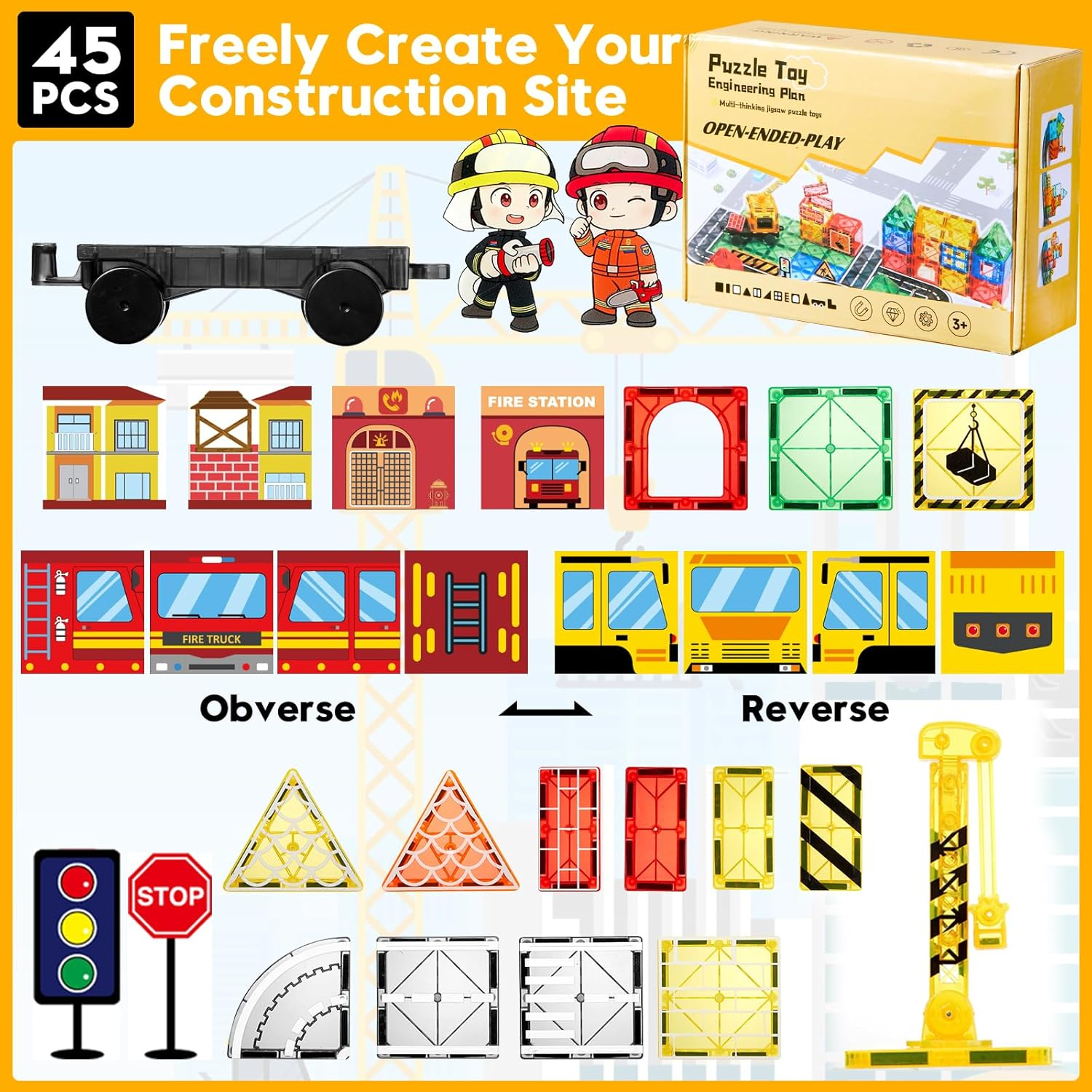 SPANKAR Magnetic Tiles Road Set for Kids, STEM Magnet Toys W/Extendable Magnetic Crane,City Building Blocks,Montessori Toys for Toddlers,Construction Gift Toy for 3 4 5 6 Year Old Boys & Girls