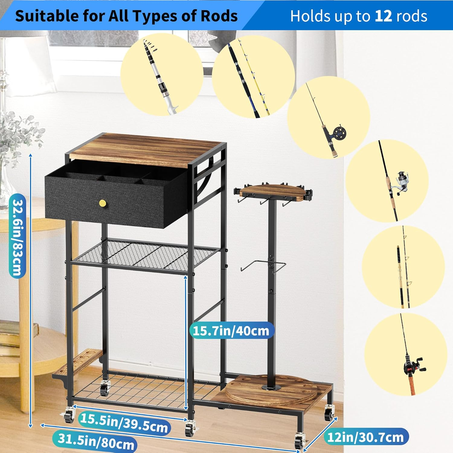 Fishing Rod Holders for Garage, 360&deg;Rotating Fishing Pole Holders, Fishing Rod Rack Cart Holds up to 12 Rods, Fishing Rod Storage Stand Equipment Organizerfor Men image number 6
