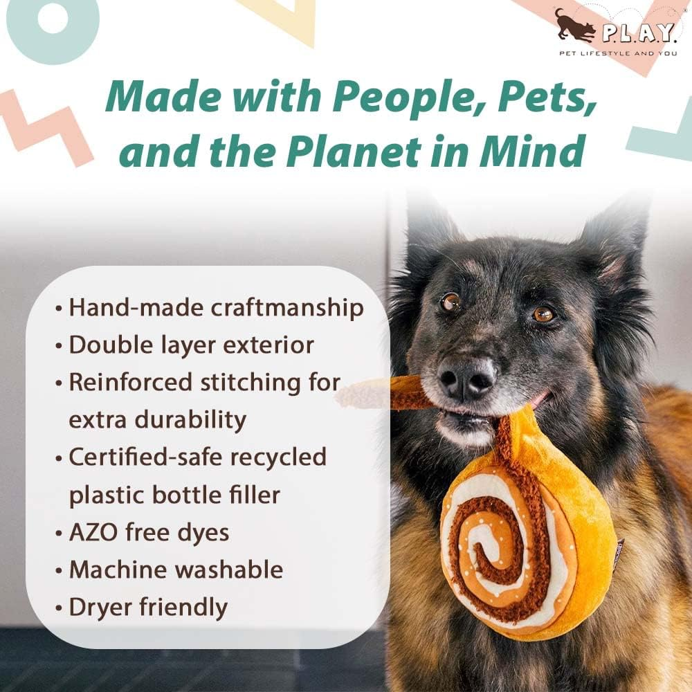 P.L.A.Y. Cute Plush Dog Toys - Coffee Shop Food Themed Durable Squeaker Chew Toy, Great for Puppies & Small, Medium, Large Dog Breeds - Machine Washable, Recycled Materials (Pup Cup Cafe Cinna-Bone)