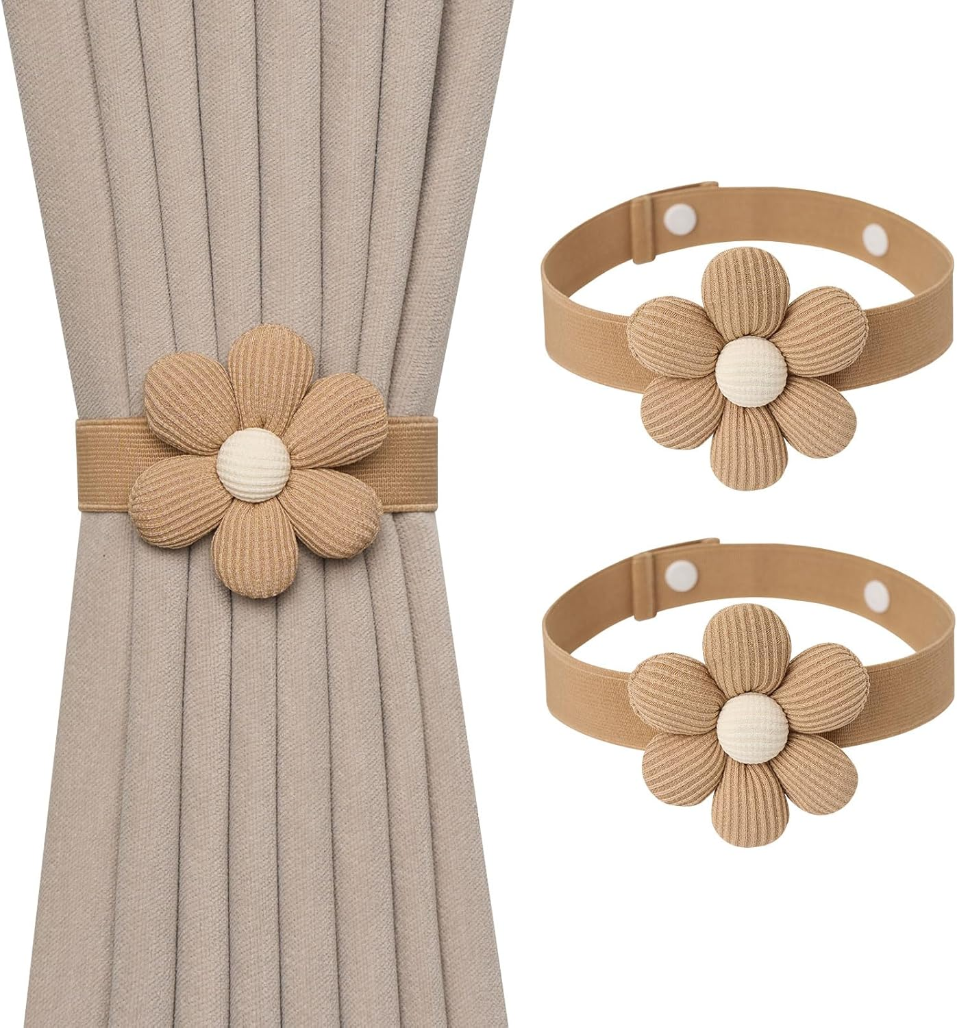 Pretty Jolly 4 Pack Cute Hand-Woven Flower Curtain Tiebacks Boho Farmhouse Style Home Decor Drape Tie Backs Adjustable Natural Cotton Rope Curtain Holdbacks for Home Office Window Draperies (C-Coffee)