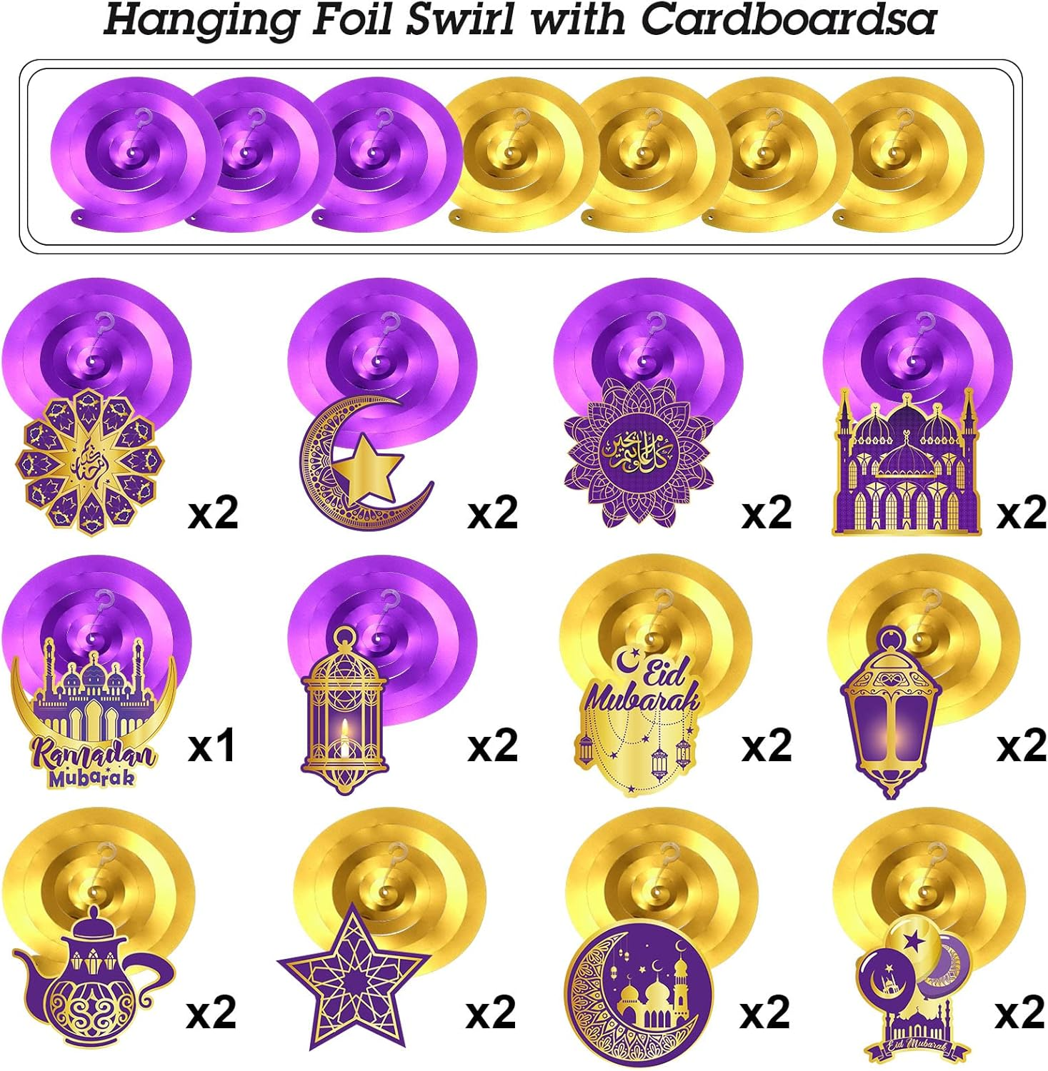 Zonon 30 Pieces Ramadan Mubarak Decorations, Eid Mubarak Hanging Swirl Shining Gold Star Moon Lantern Ceiling Foil Decor for Eid Al-Fitr Party Egyptian Holiday Supplies(Purple and Gold) - Gold, Blue image number 7