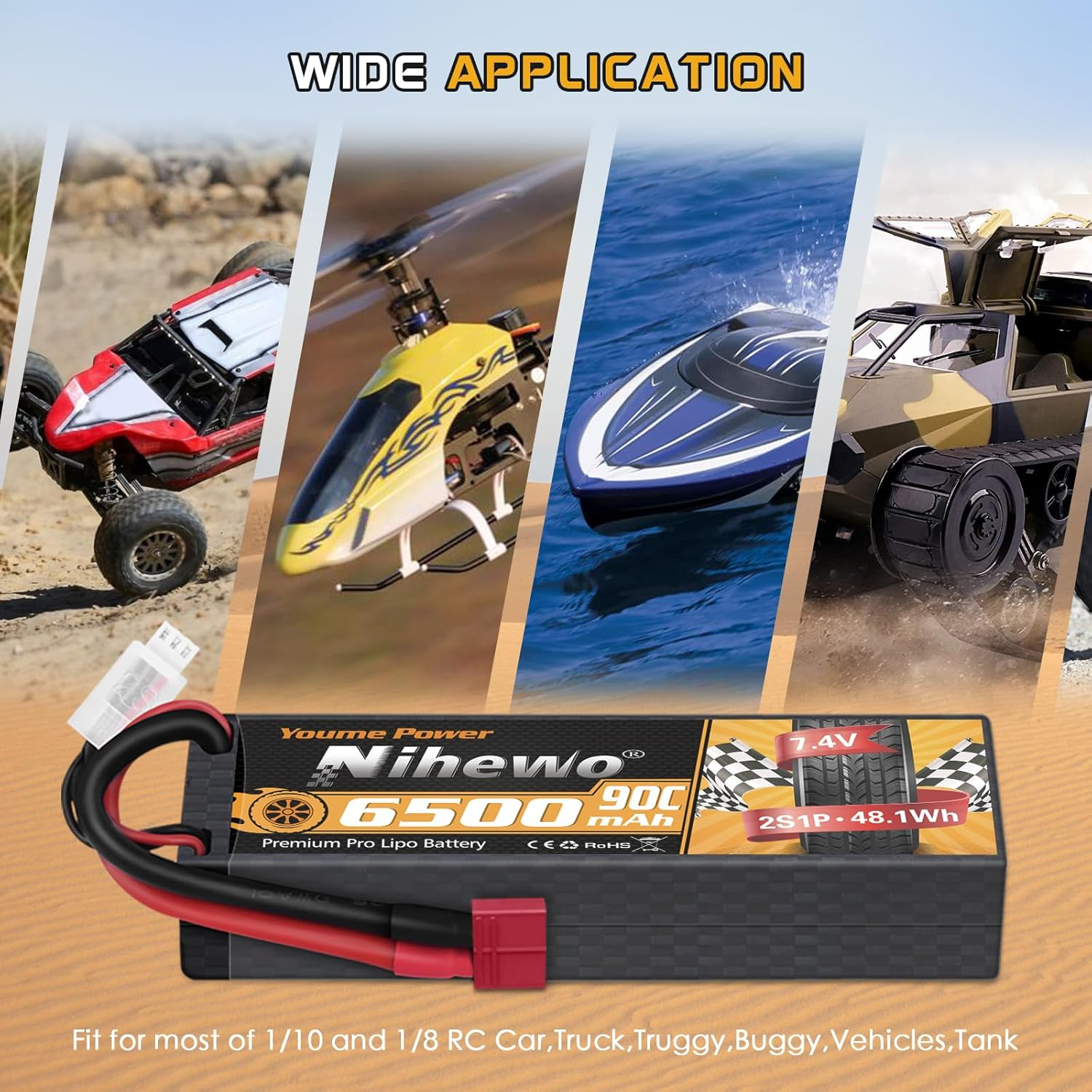 2S Lipo Battery 2Packs 7.4V RC Lipo Battery Pack 6500Mah 90C Hard Case with Deans T Plug Compatible with 1/8 and 1/10 RC Truck Vehicles Car Truggy Buggy Racing Models