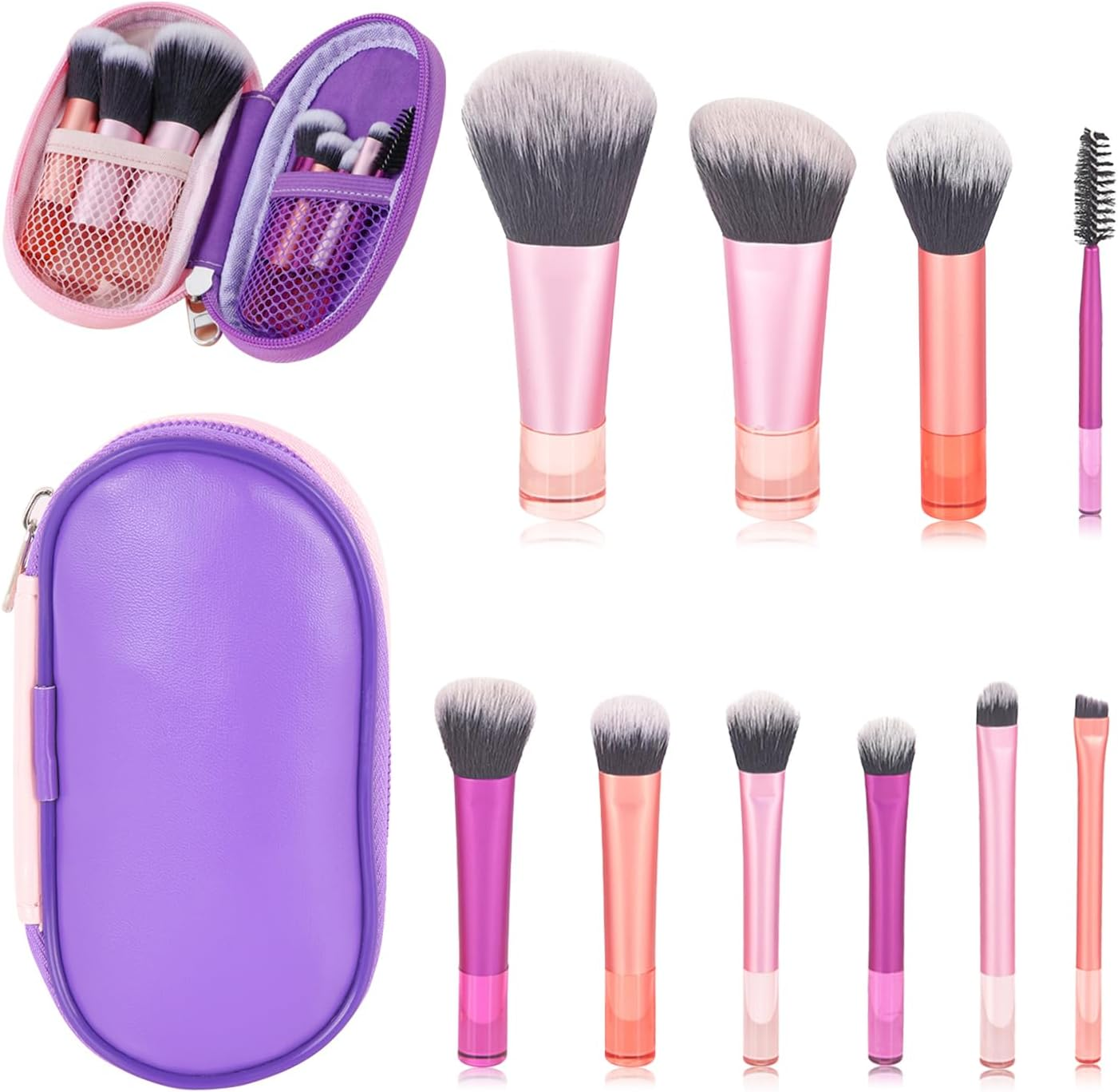 Travel Makeup Brush Set, 10 Pcs Easy-Taken Travel Mini Cosmetic Brushes Kit, Complete Function Makeup Tools for Foundation, Blush, Contour, Eyeshadow, Powder (Pink)