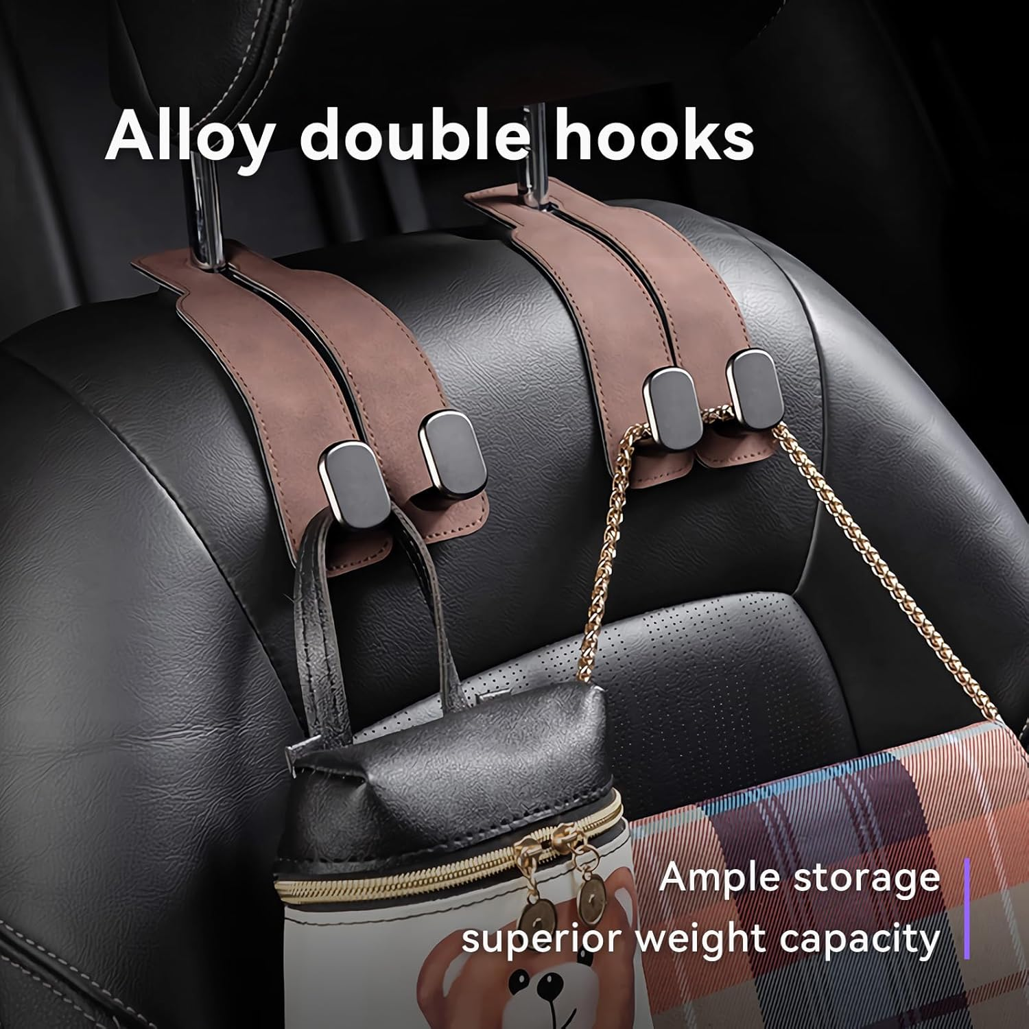 2 Pack Car Hooks for Headrest,[Dual Alloy Hooks], Purse Hook for Car, Car Seat Hooks for Handbags, Bags, Purses(Beige - 2 Pack) image number 5