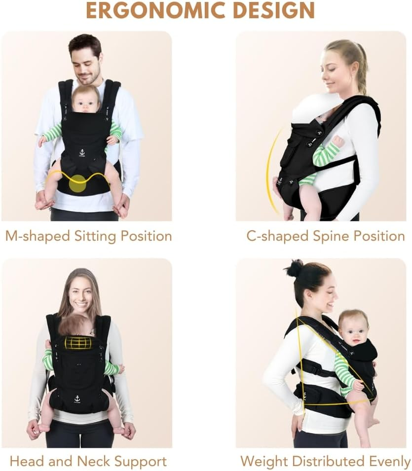 All-Season Ergonomic Baby Carrier, Breathable Baby Carrier Newborn to Toddler (8-33Lbs), Toddler Carrier, Infant Carrier with Temperature Control Panel Design (Black)
