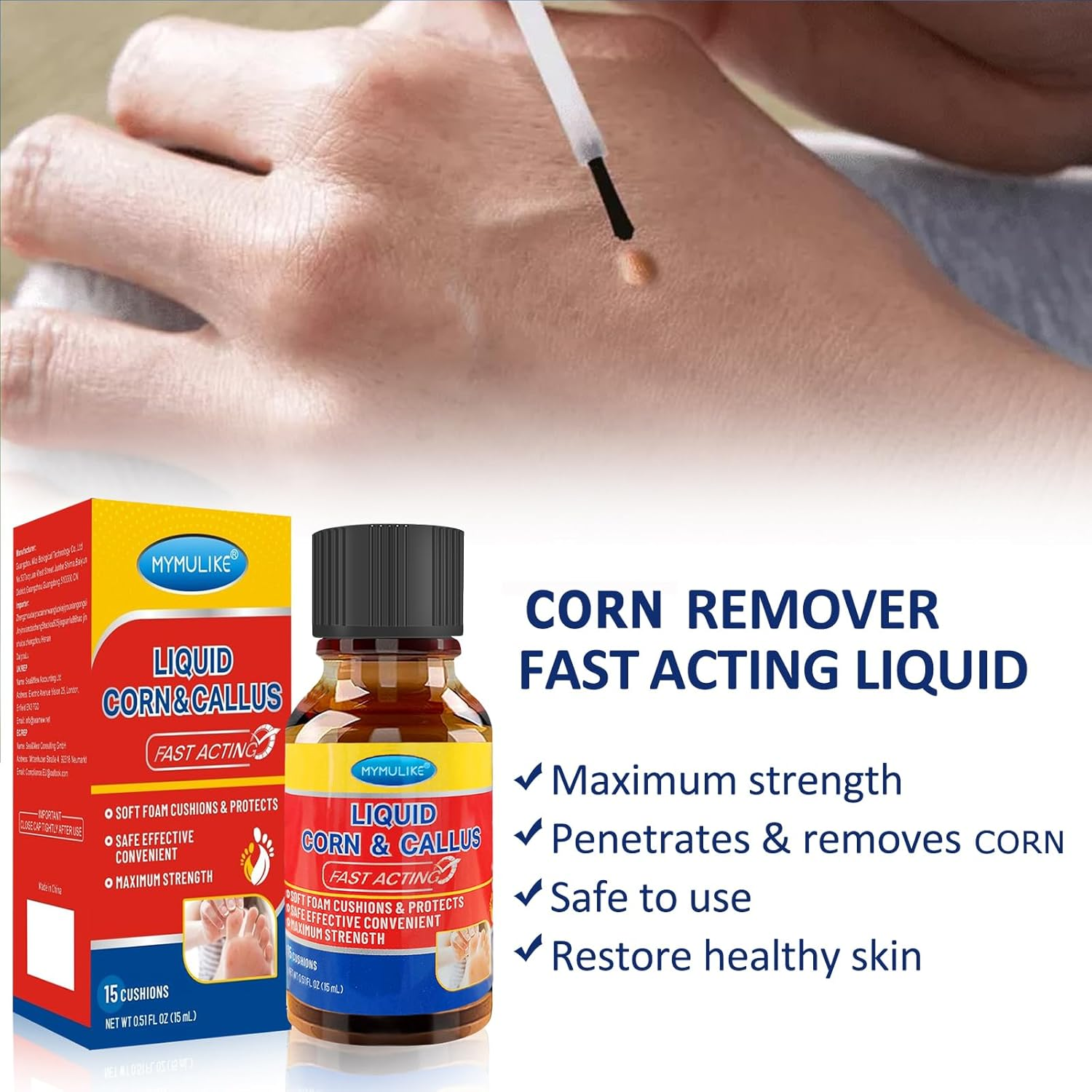 Liquid Corn Remover, Corn Removers for Toes, Extra Strength Liquid for Corn, Safe Removes Corns and Callus, 15Ml Liquid with 15PCS Cushions 10PCS Swabs (15ML*1) image number 2