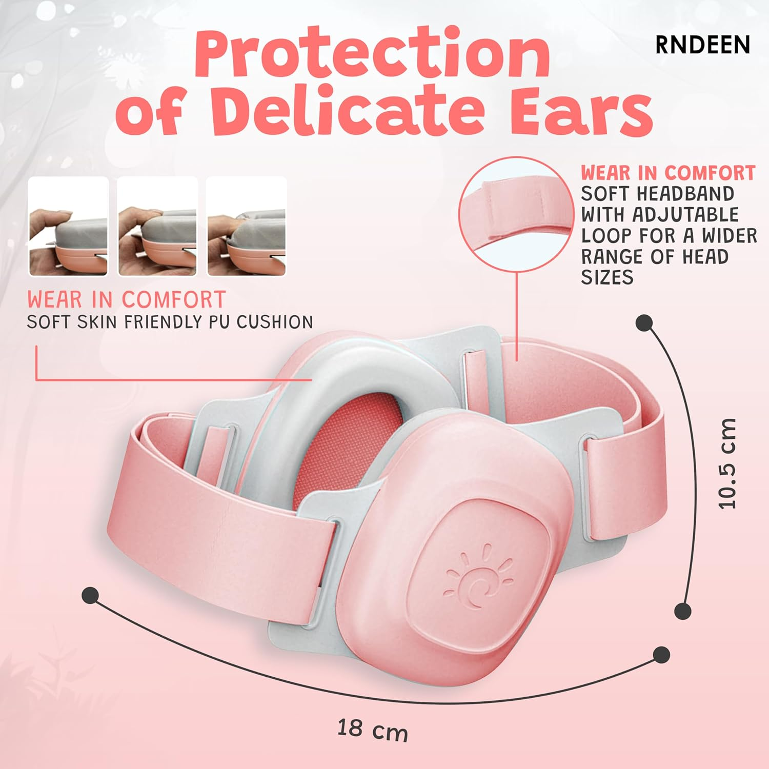 Rndeen Pro Baby Ear Muffs for Noise Protection 25Db Noise Reduction for Infants 0-48 Months CE & ANSI Certified Adjustable Ergonomic Ultrasoft Anti-Slip Safe Soothing Travel Sleep (Pink)