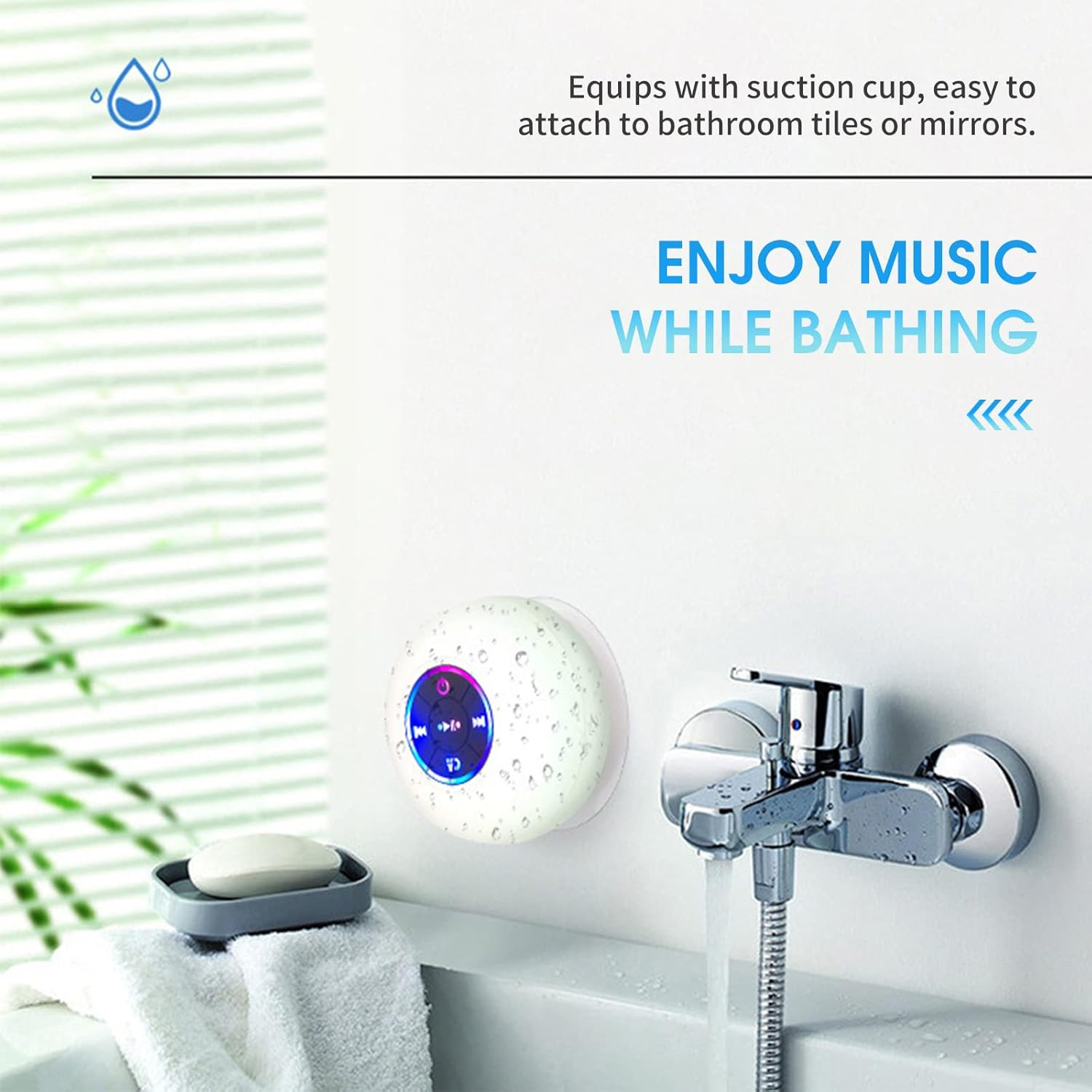 Bt 5.0 Speaker Ipx4 Speaker with Suction Cup Shower Speaker with Built-In Mic Hands-Free Call Ambient Light, Black Black image number 3