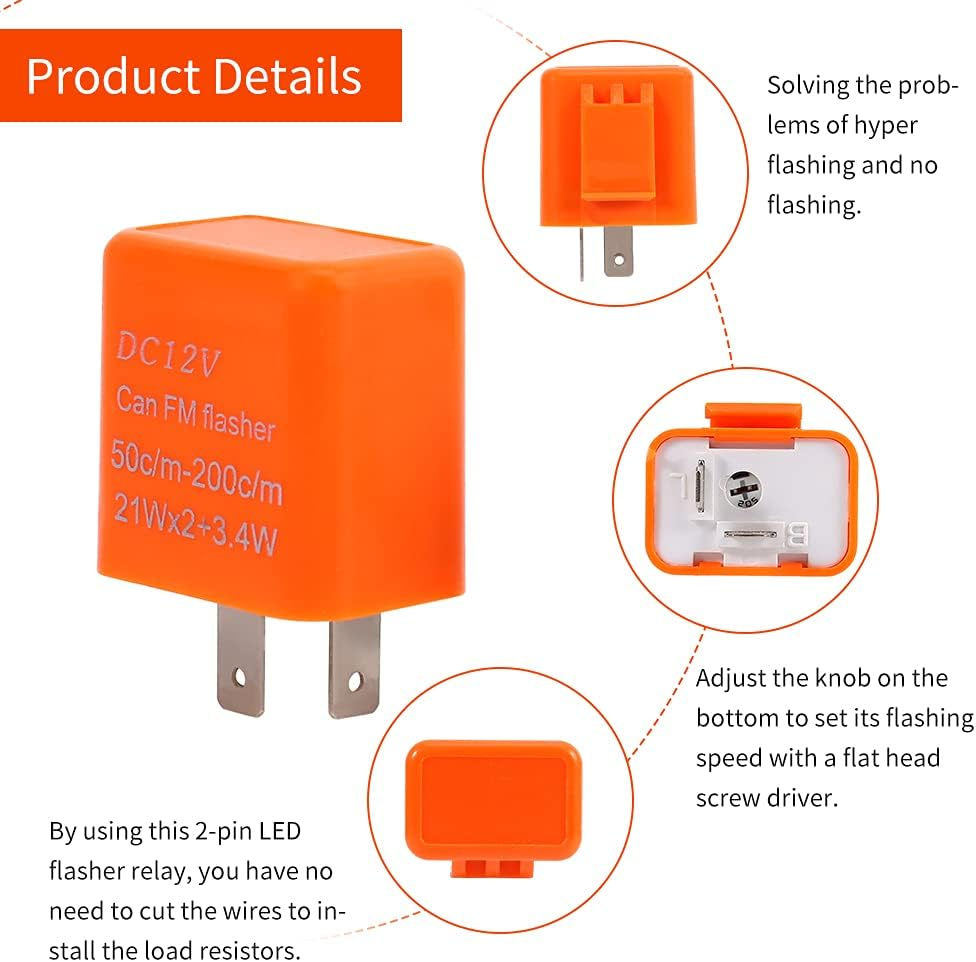 2-Pin Flasher Relay, 12V Speed Adjustable LED Electronic Flasher Relay Universal Motorcycle Turn Signal Indicator for Turn Signal Light Fast Hyper Flash (Orange) image number 4