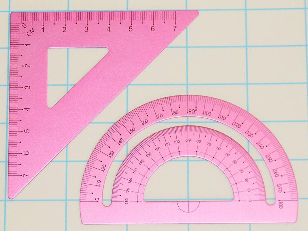 4 Pcs Aluminium Geometry Kit Bright Pink Color Includes Protractor, 2 Triangle Rulers, and 15Cm Ruler, Geometry Set for Kids, Home and School Tooles, Student Math Supplies