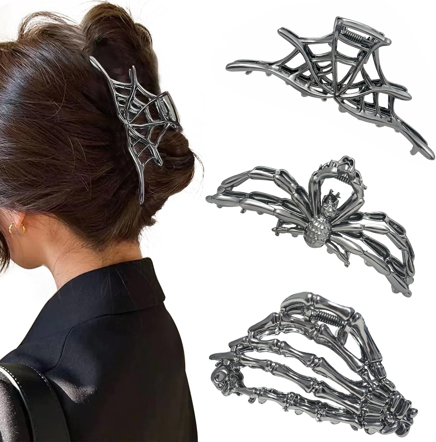 Pack of 3 Metal Hair Clips, Spider Hair Clips, Skull Claw Hair Clip, Non-Slip Claw Clip, Gothic Hair Clips, for Women, Girls, Halloween Hair Styling Accessories (B) image number 6