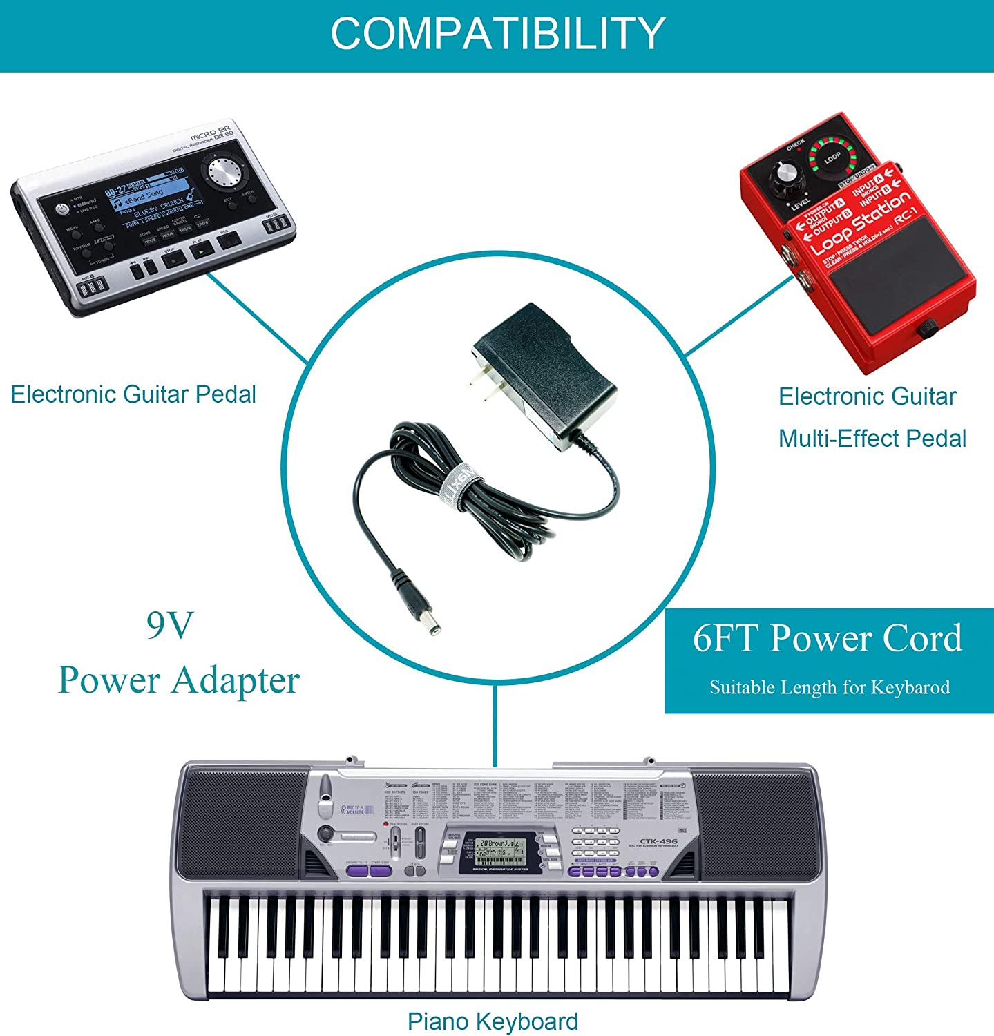 Maxllto 6Ft AC Power Adapter Fits Casio CA-100 CT-625 CT-638 CT-700 CT-770 CTK-3000 image number 3