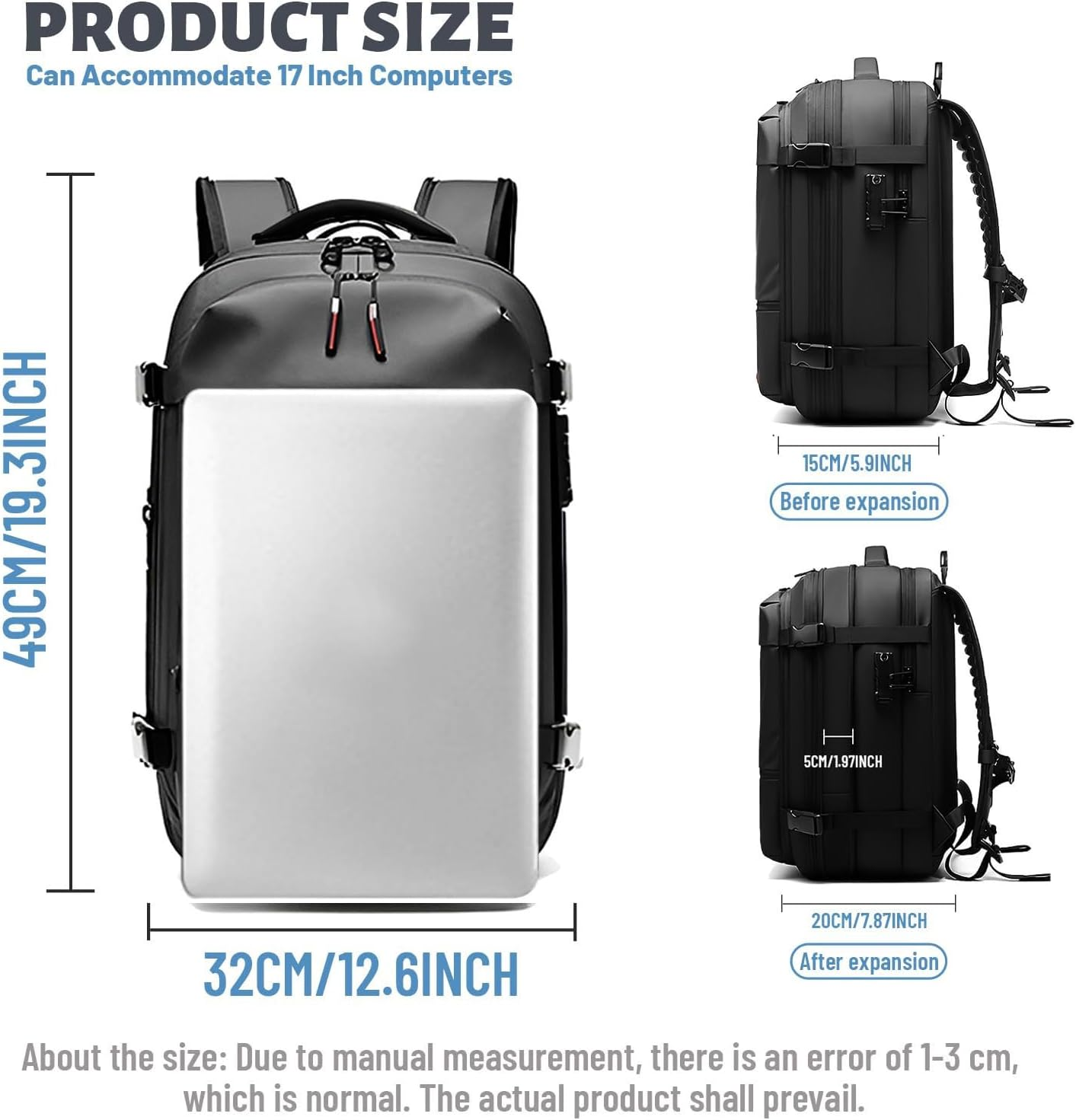 Vacuum Backpack Travel, 25L to 60L Expandable Travel Backpack, Water Resistant Vacuum Seal Compression Backpacks for Men Women, Carry on Back Pack for 17In Laptop, Business - Gray image number 6