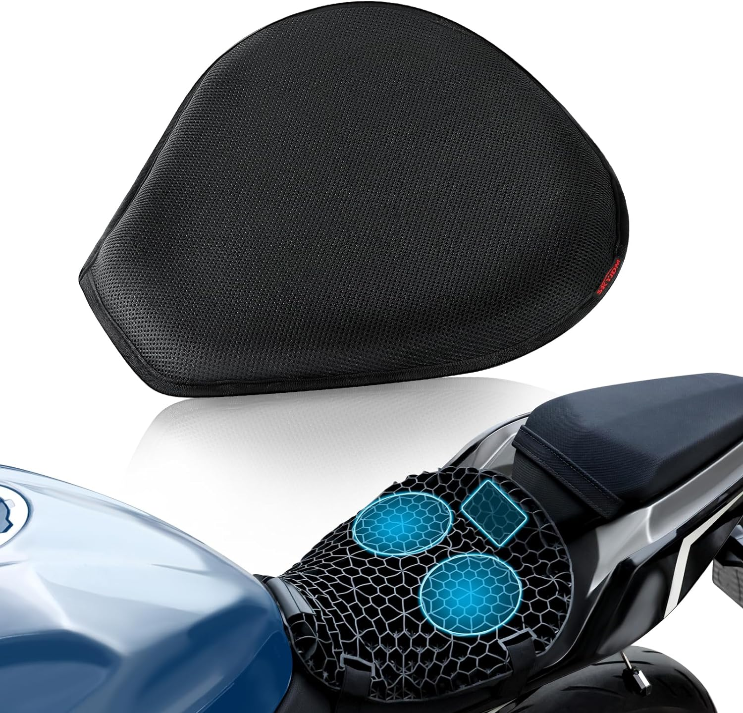 Detachable Motorcycle Gel Seat Cushion with Cover, Large 3D-Honeycomb Structure Shock Absorption & Breathable Motorcycle Gel Seat Pad for Long Rides image number 1