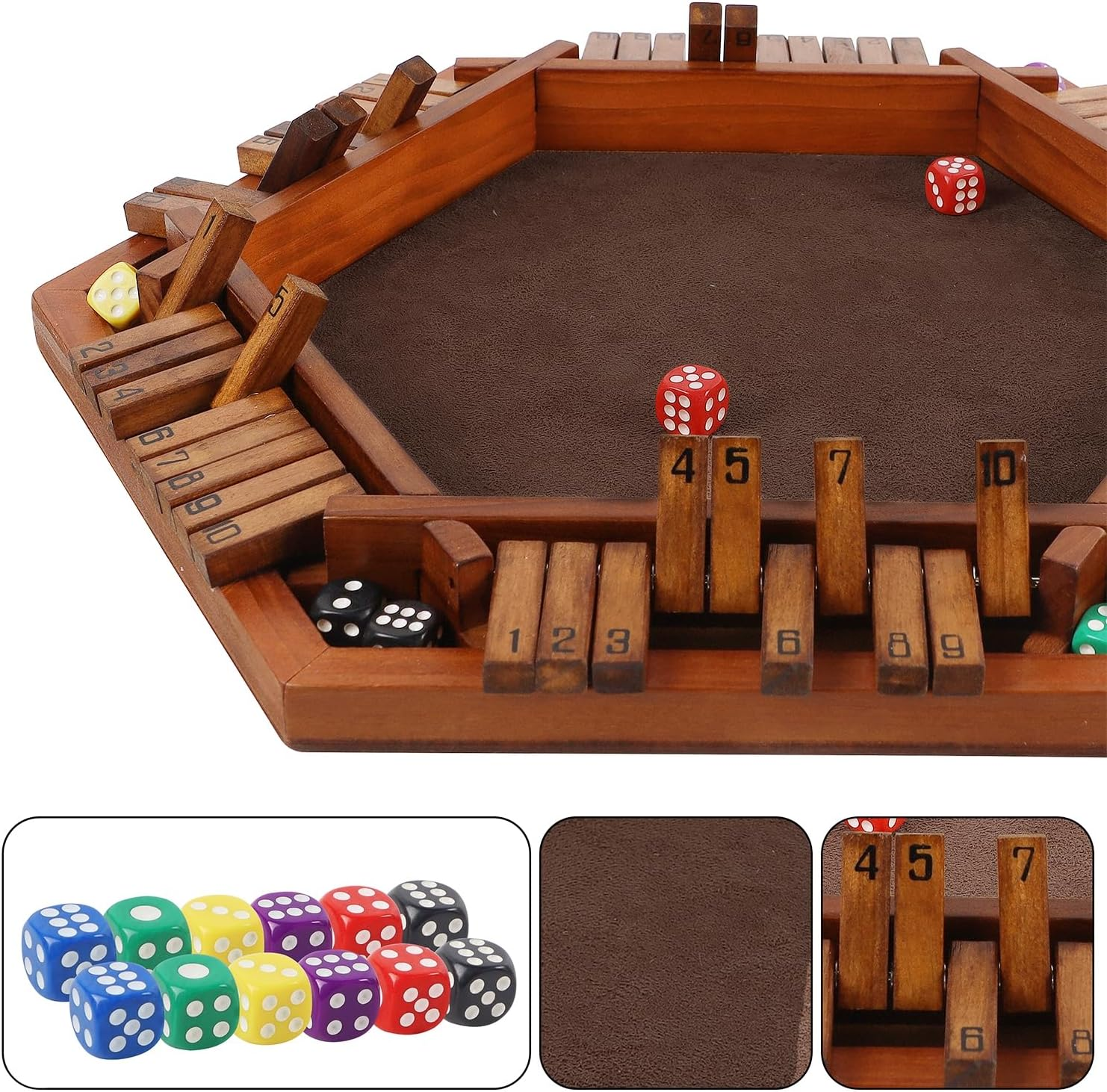 Juegoal Wooden Shut the Box Dice Game for 1-6 Players, Upgrade Tabletop Board Game with 12 Dice for Kids Adults Families, Classics Travel Portable Classroom Home Party Pub Board Game Sets image number 2