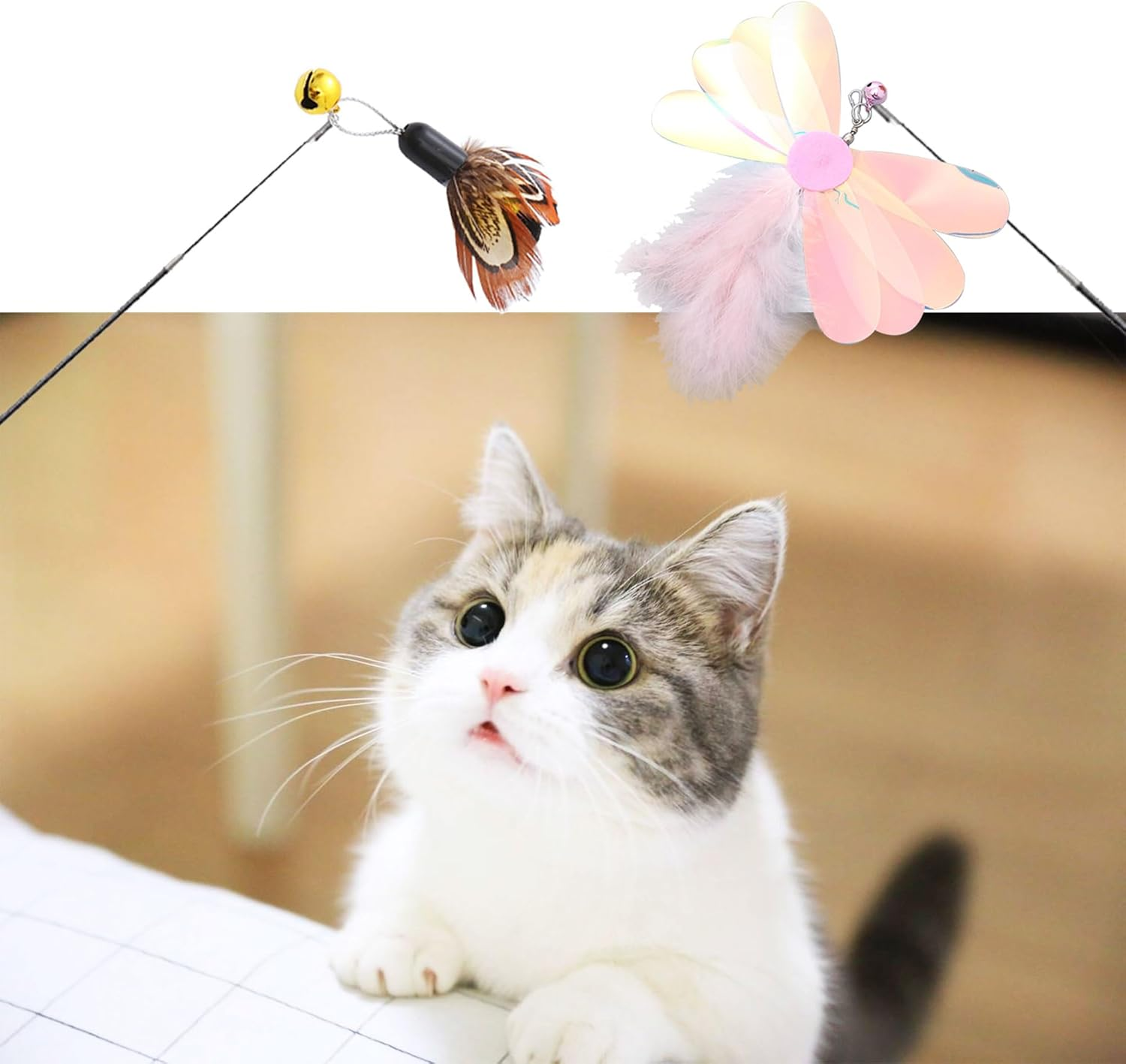 Hayaww Pack of 6 Cat Angel Replacement Pendants Cat Toy Feather Cat Feather Toys Replacement Interactive Cat Toy Interactive Cat Fishing Replacement Feathers with Pendant Feather Bell (A) image number 2