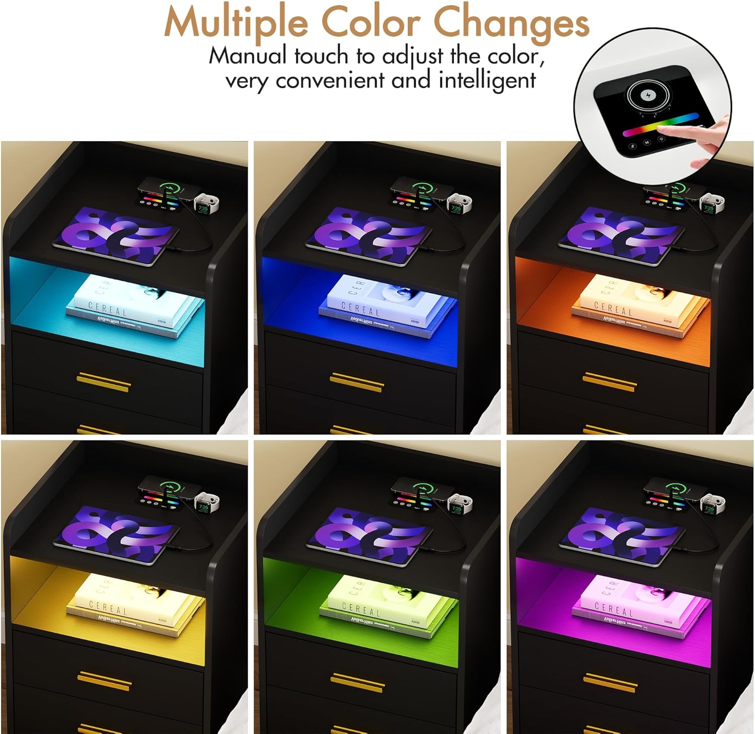 Advwin Bedside Table 2 Drawers, LED Nightstand with Human Induction, Wireless Charging Station and USB & Type-C Port, Chest of Drawers with Storage Shelf, Black (1, Black) image number 6