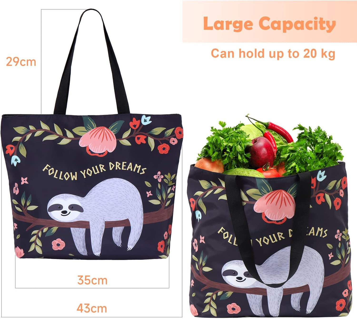 AOKSUNOVA Reusable Shopping Bags Large Foldable Grocery Bag Cute Sloth Tote Bag for School Black image number 1