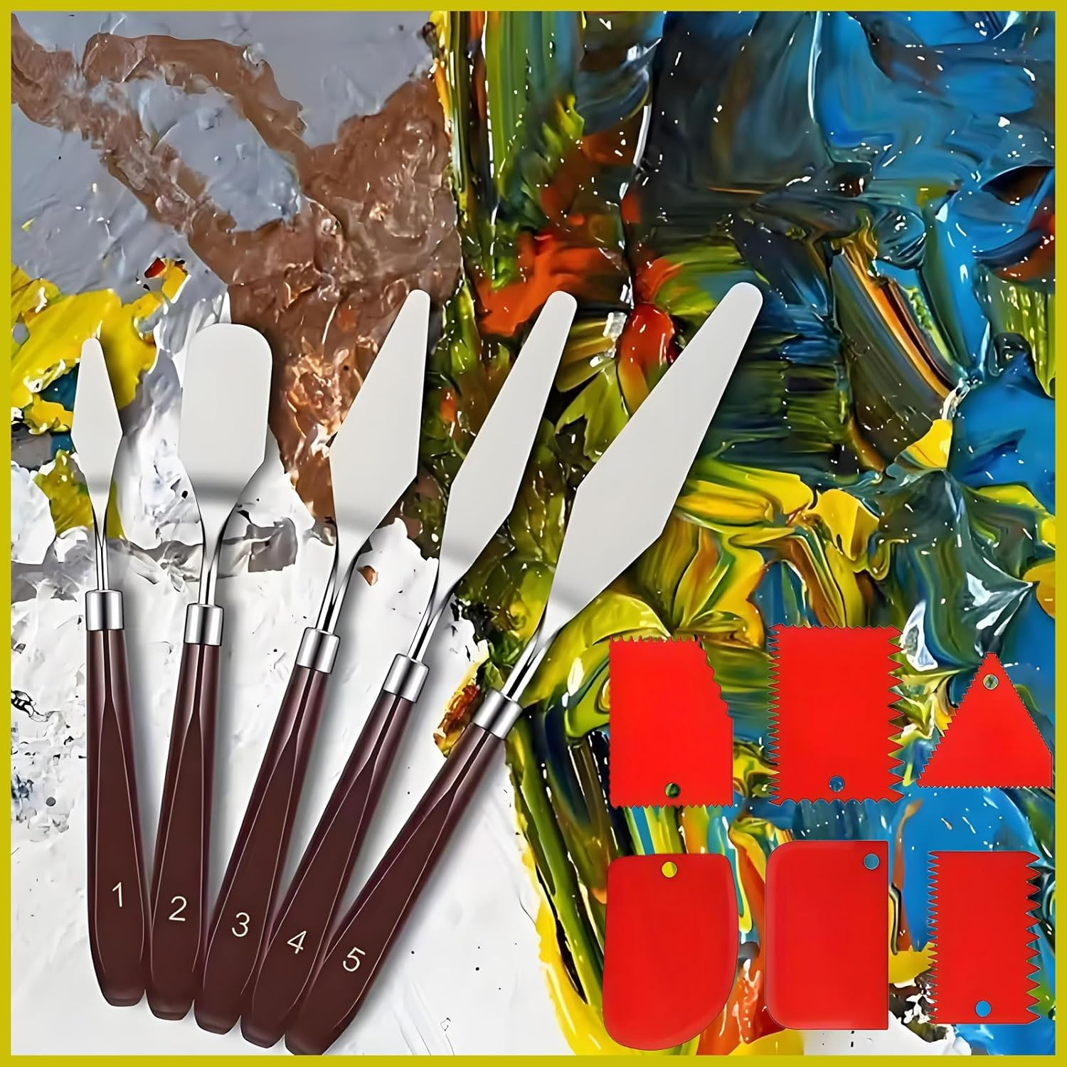 MYTOAU 11 Pieces Palette Knife Set, 5Pcs Stainless Steel Palette Knives and 6Pcs Plastic Scrapers, Flexible Spatula for Oil Painting, Acrylic Painting, Color Mixing and Thick Paint Applications image number 6