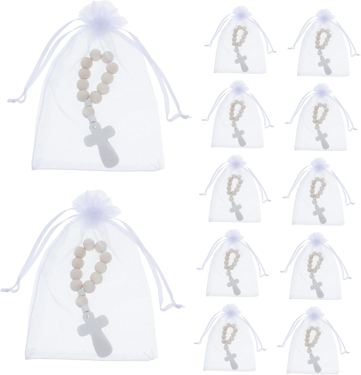 VILLFUL 40 Sets Wooden Bead Rosary Bracelets with Cross Charms for Baptism and First Communion Baby Shower Favors with Organza Bags image number 5