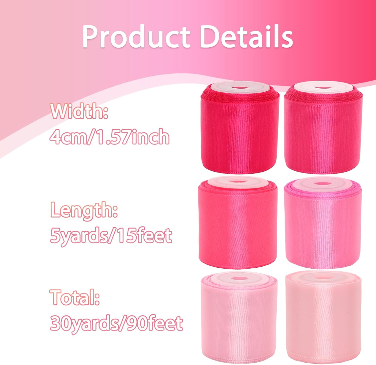 6 Rolls Pink Satin Ribbon 1-1/2 Inch Assorted Pink Satin Ribbons Solid Color Satin Ribbon Set for Gift Wrapping Flower Bouquet Wedding Valentine'S Day Mother'S Day, 5 Yards Each Color, Total 30 Yards image number 5