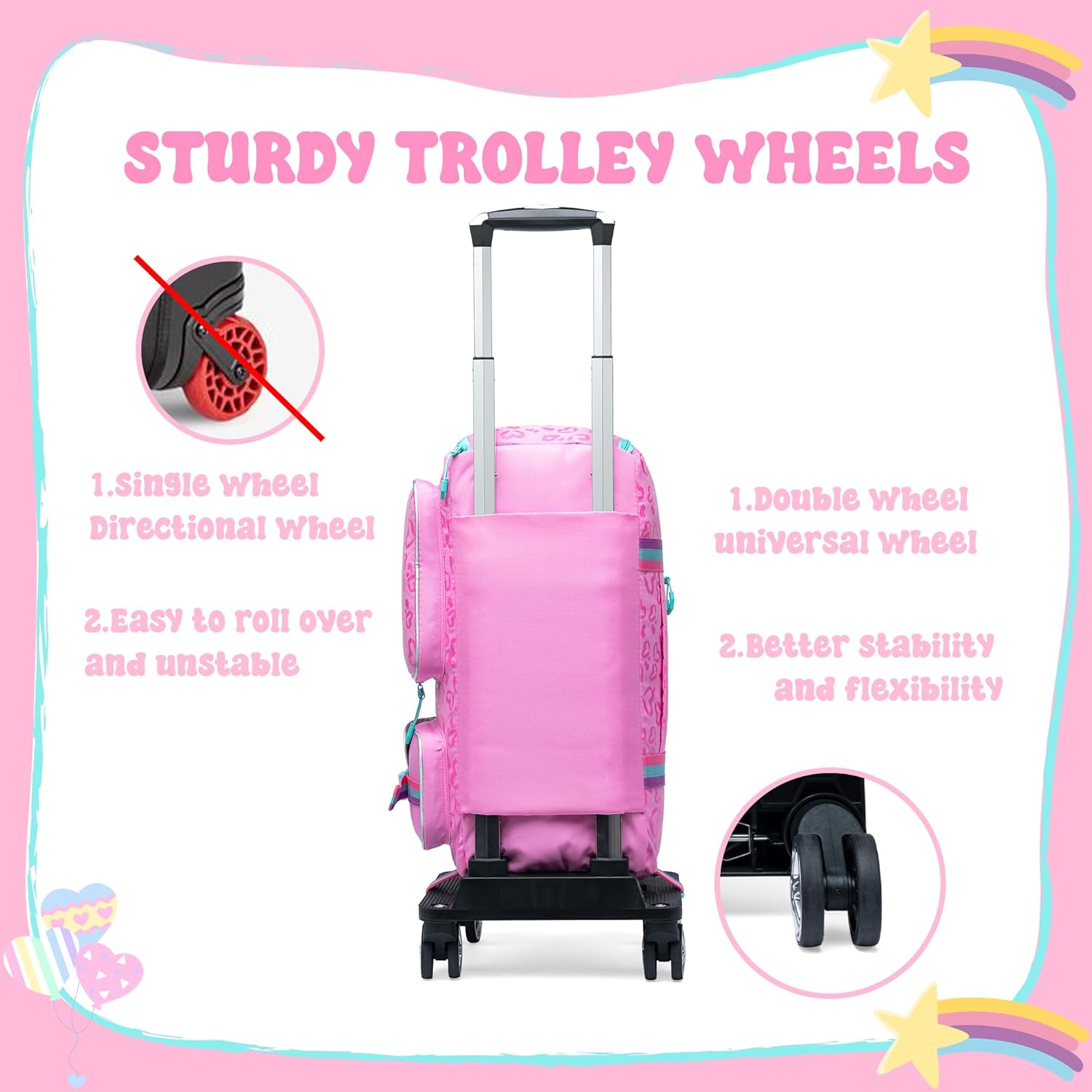 Kids Rolling Duffle Bag with Wheels Women Girls Duffle Bag with Wheels and Handle with Makeup Bag Travel Toiletry Bag, Pink Love - Pink Love image number 2