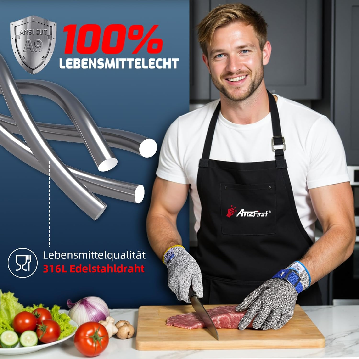 Amzfirst Cut Protection Gloves Kitchen, Powerful Level 9 Protection, Stainless Steel Wire Metal Mesh Work Gloves, Chain Glove, for Mandolin Cutting, plus Inner Gloves image number 5